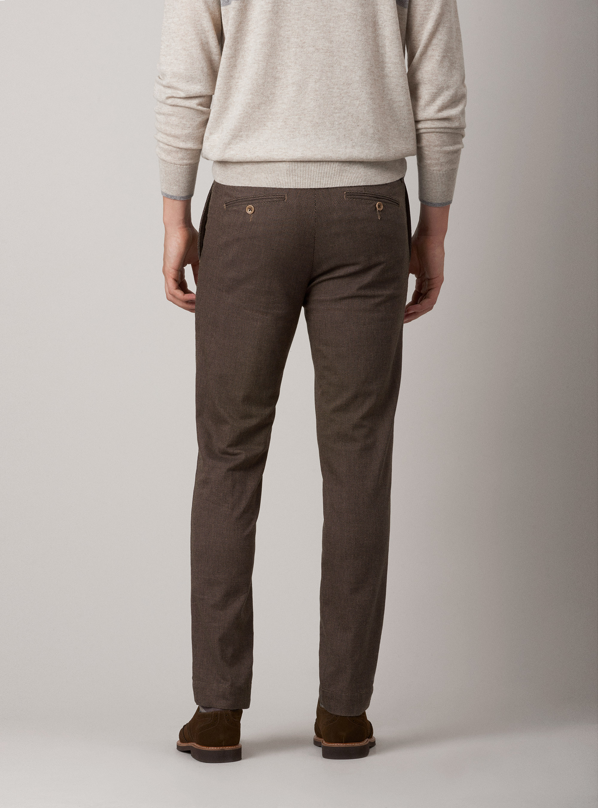 Pantaloni slack in misto cotone armaturato tinto filo, FANGO