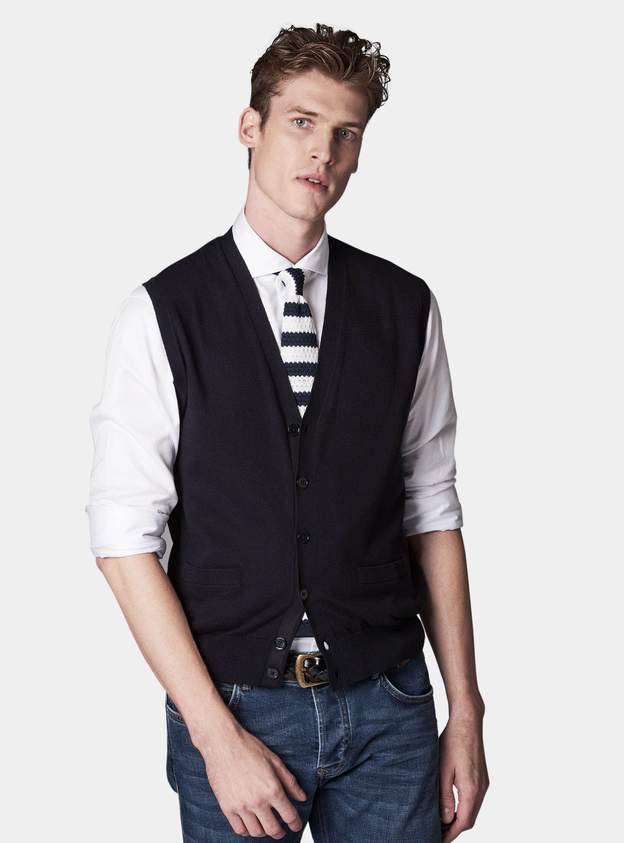 Gilet in maglia in cotone e lino, BLU NAVY