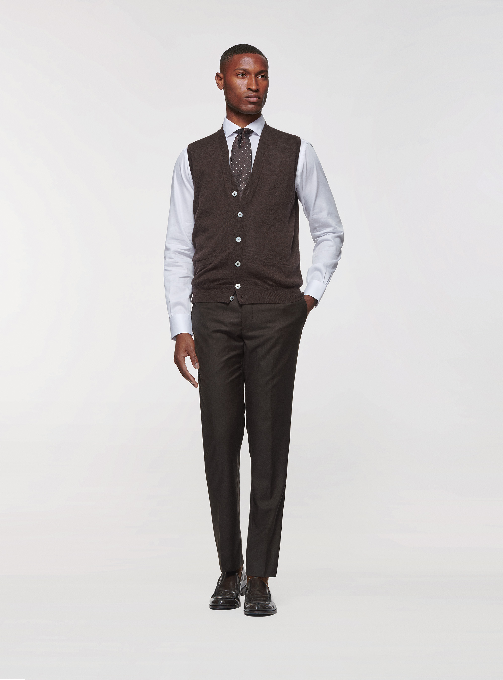 Gilet in maglia in pura lana merino, MARRONE