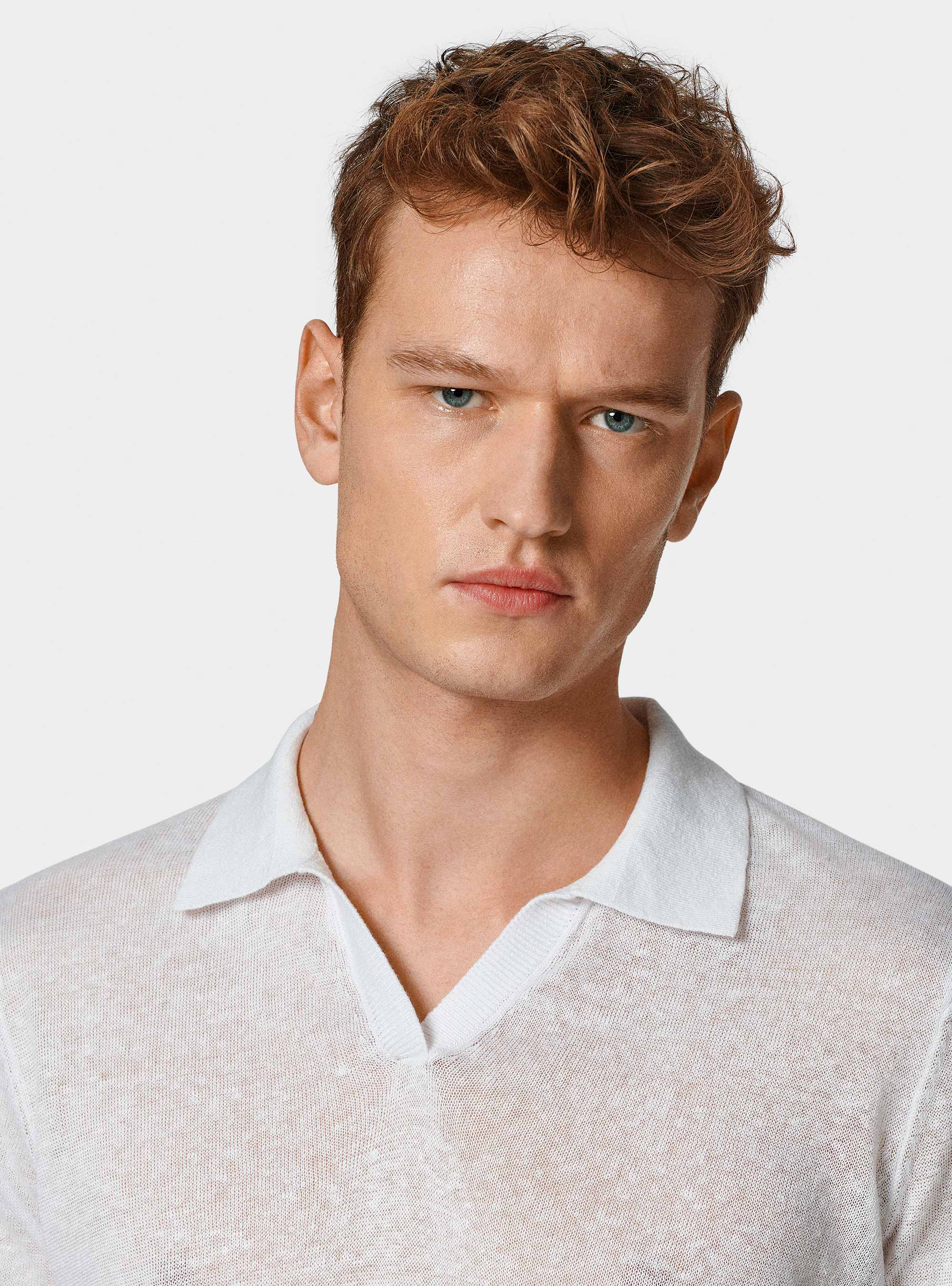 Polo in maglia senza bottoni in puro lino, BIANCO