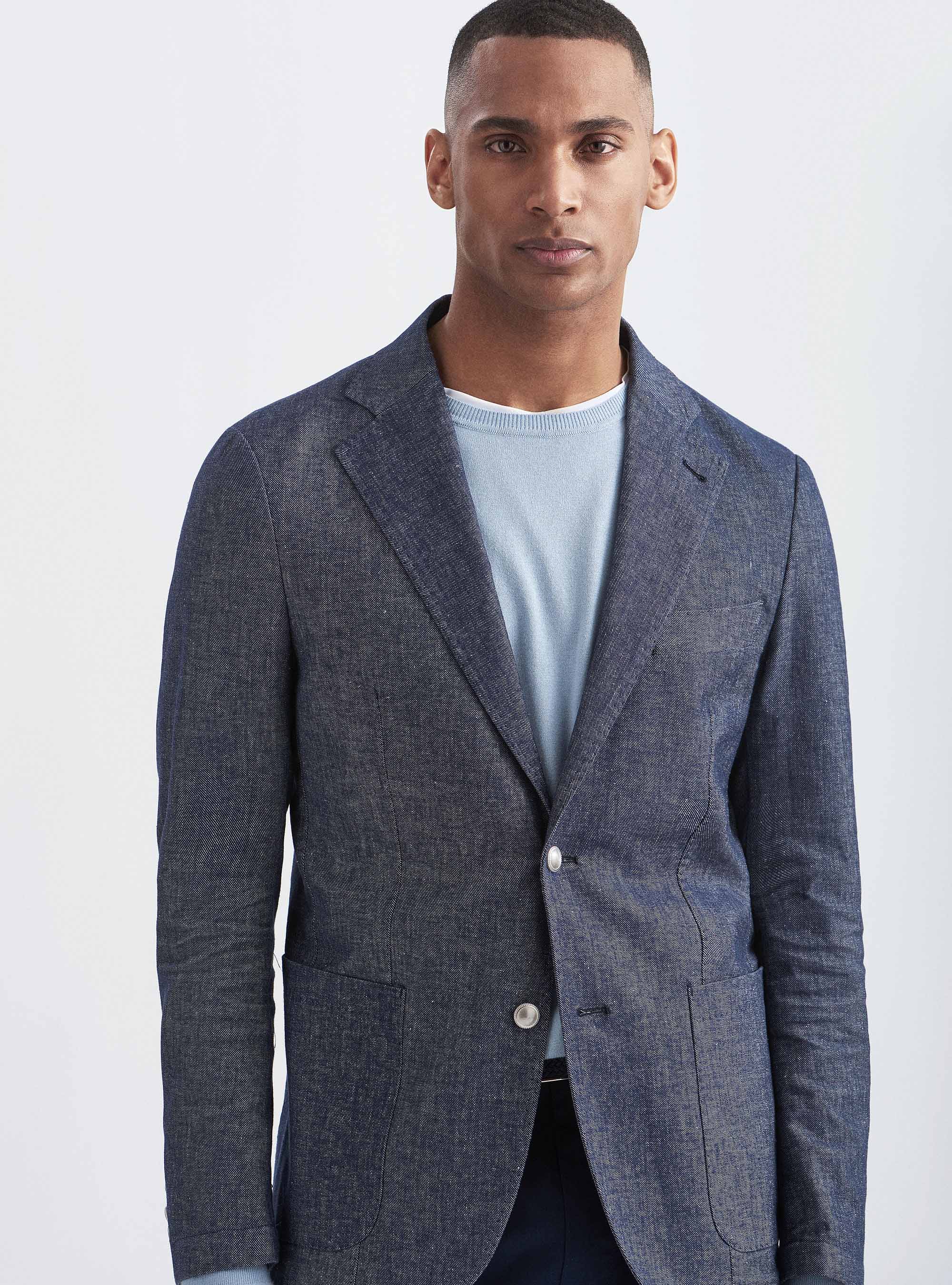 Giacca cotone e lino effetto denim, BLU NAVY