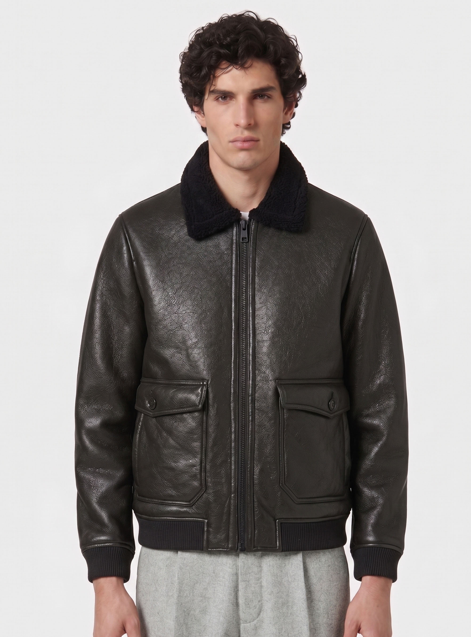 Faux leather bomber jacket with large pockets, BLACK