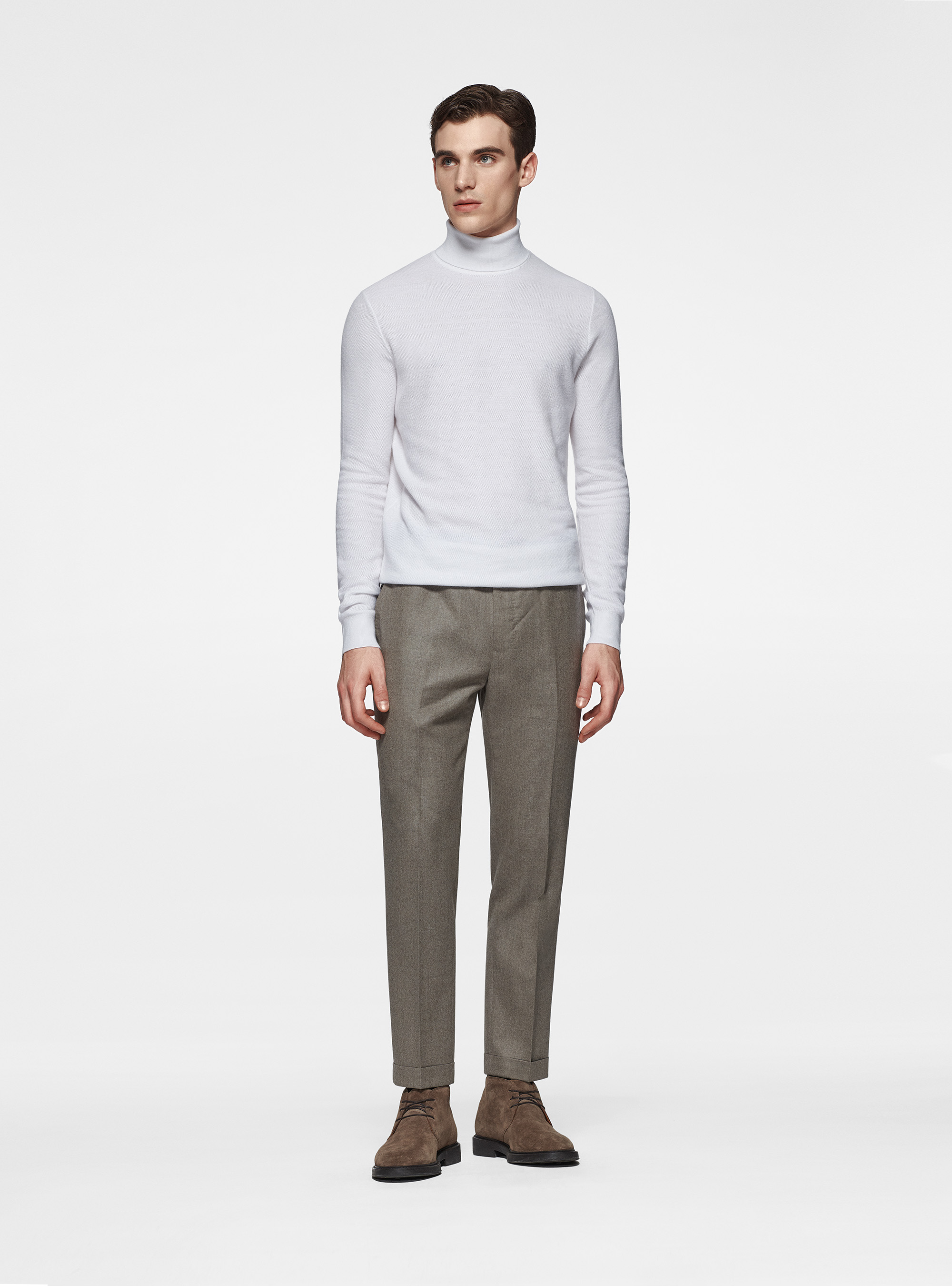 Cotton cashmere honeycomb turtleneck, WHITE