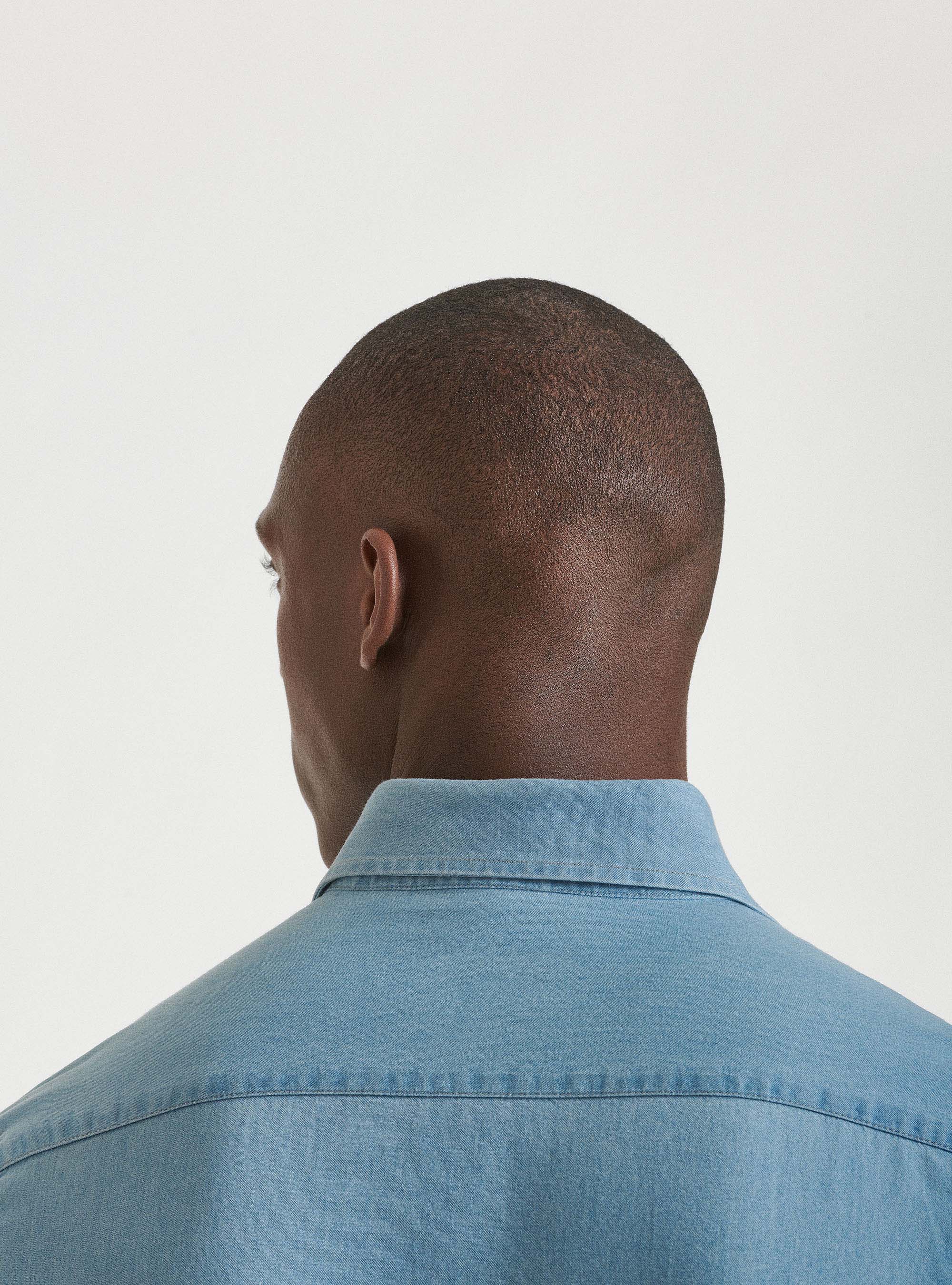 Camicia denim con collo semi francese in cotone chambray, AZZURRO