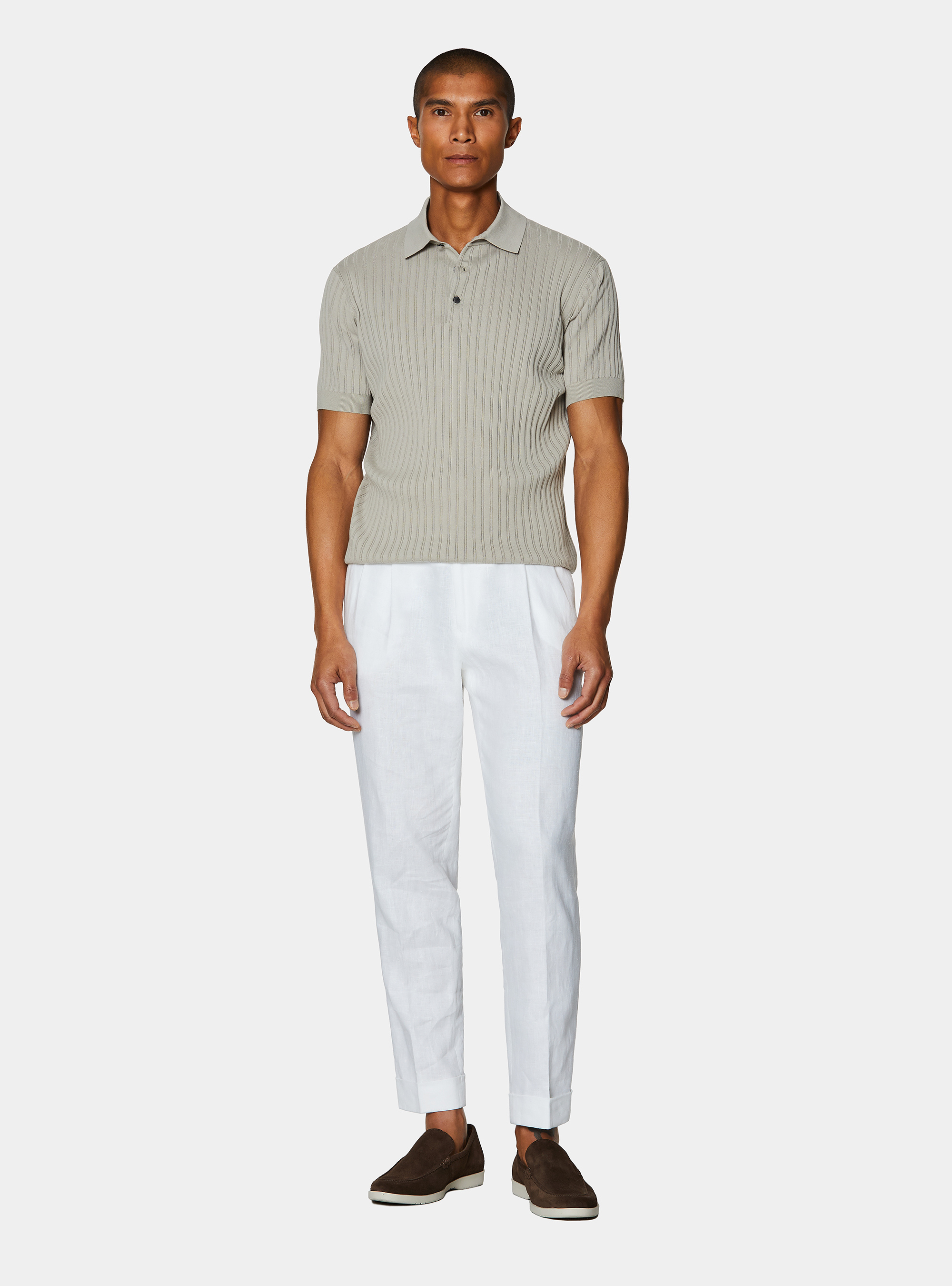 Extra-fine cotton knit polo shirt with openwork ribbing, SAND