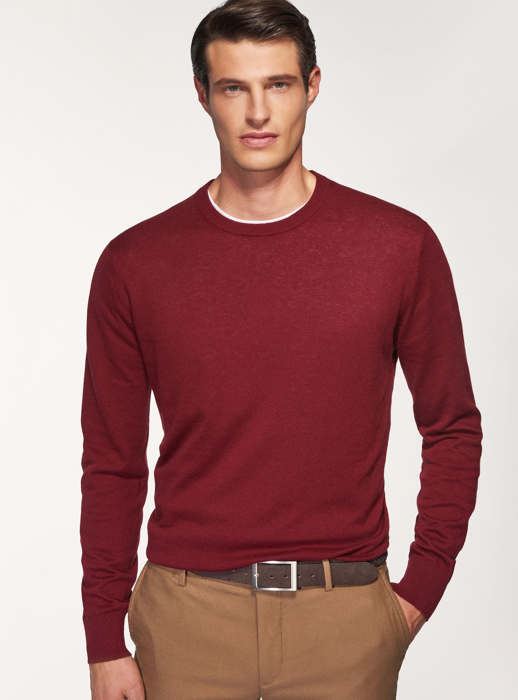 Pull &agrave; col rond en coton, soie et cachemire, BORDEAUX