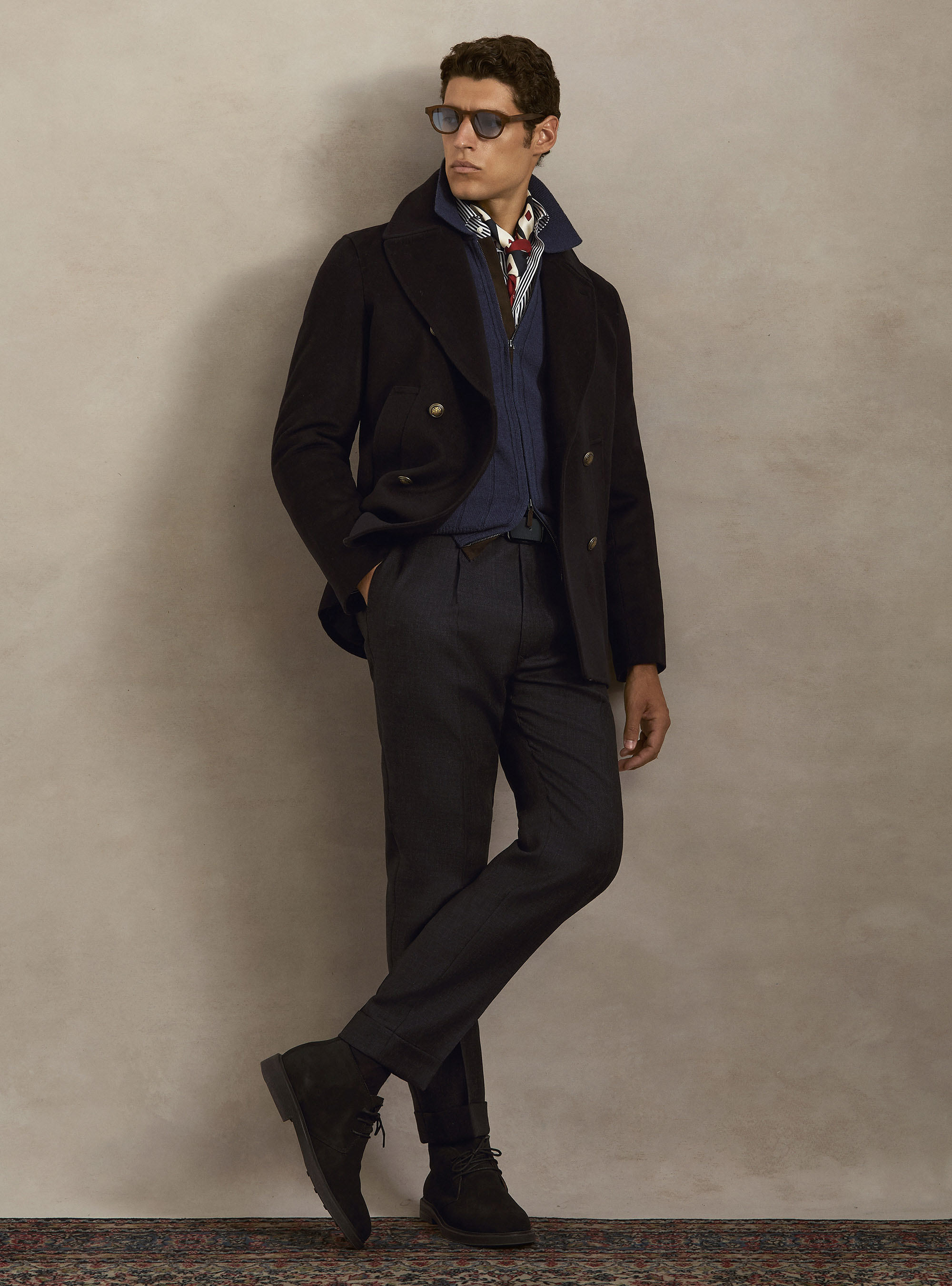Peacoat de lana y cachemira con botones de metal, AZUL MARINO