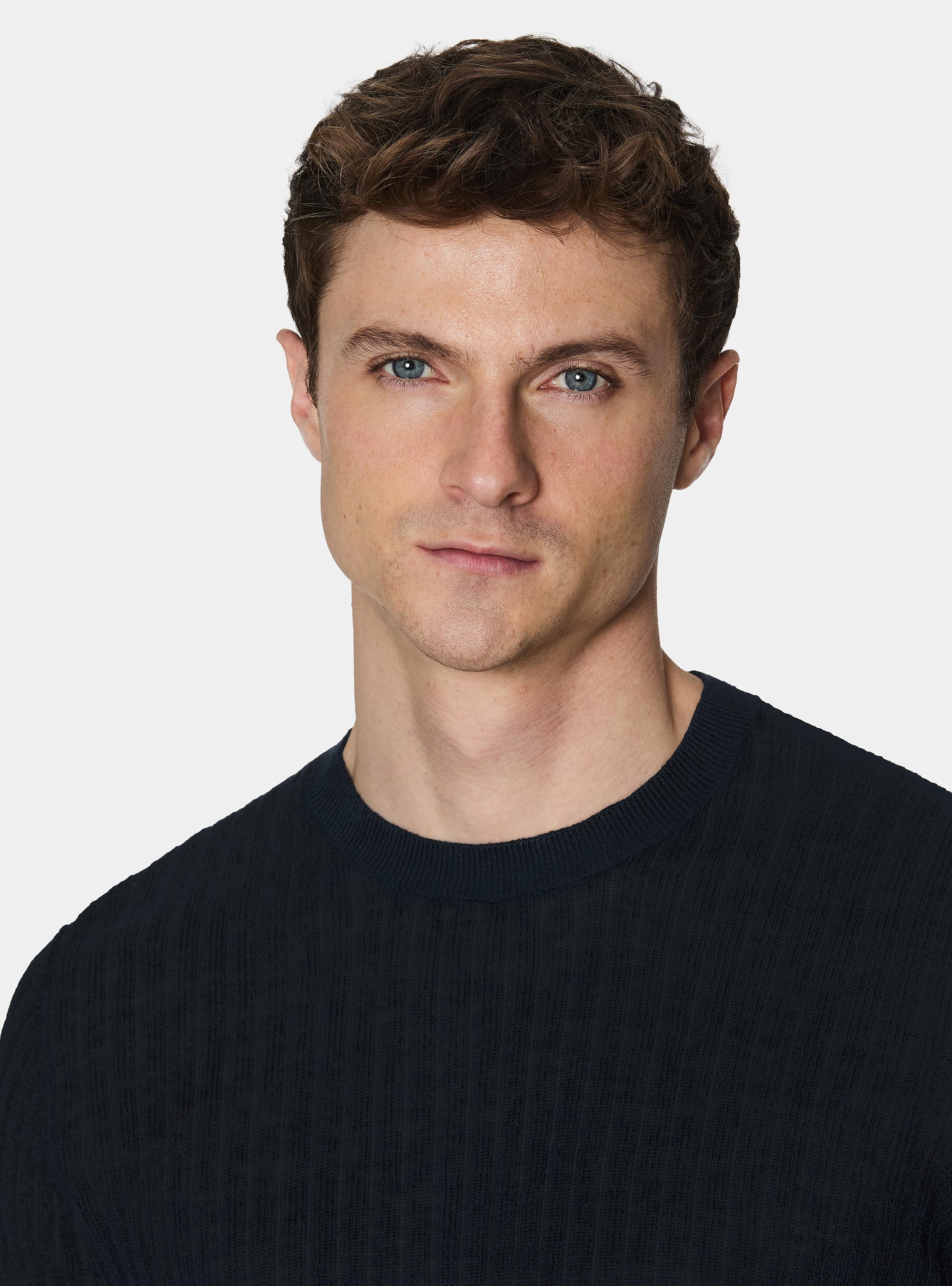 Maglia girocollo a costine in puro lino, BLU NAVY