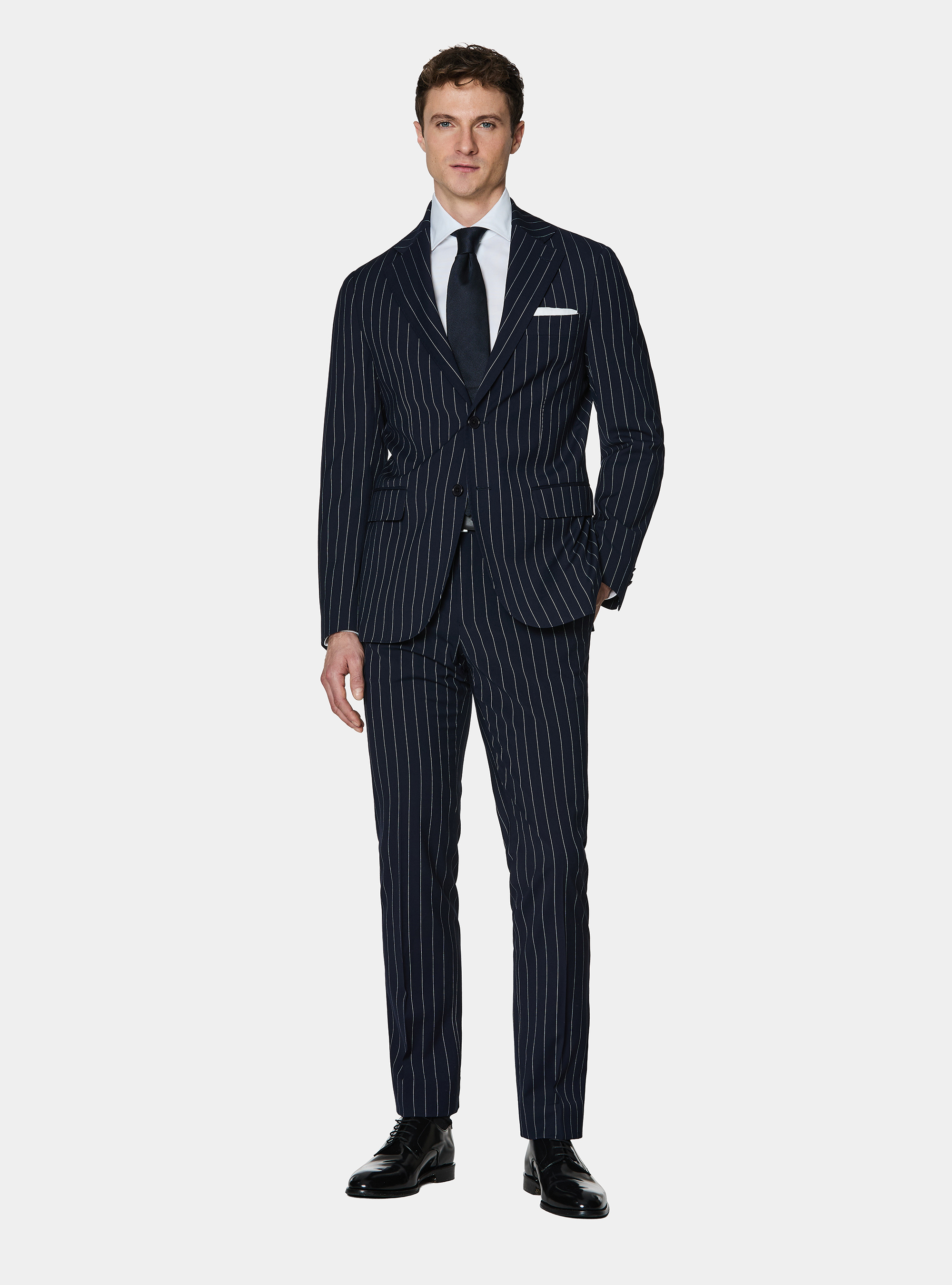 Navy blue single-breasted pinstriped suit, 