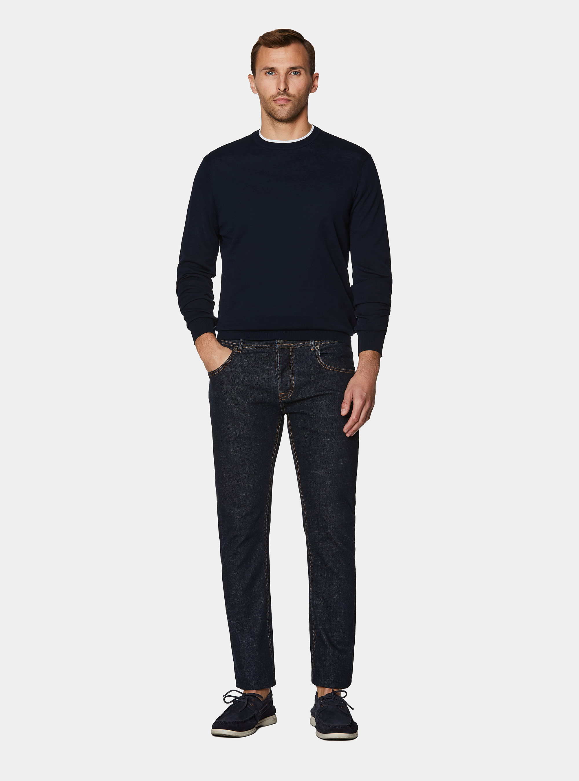 Cotton and silk crew neck sweater, NAVY BLUE