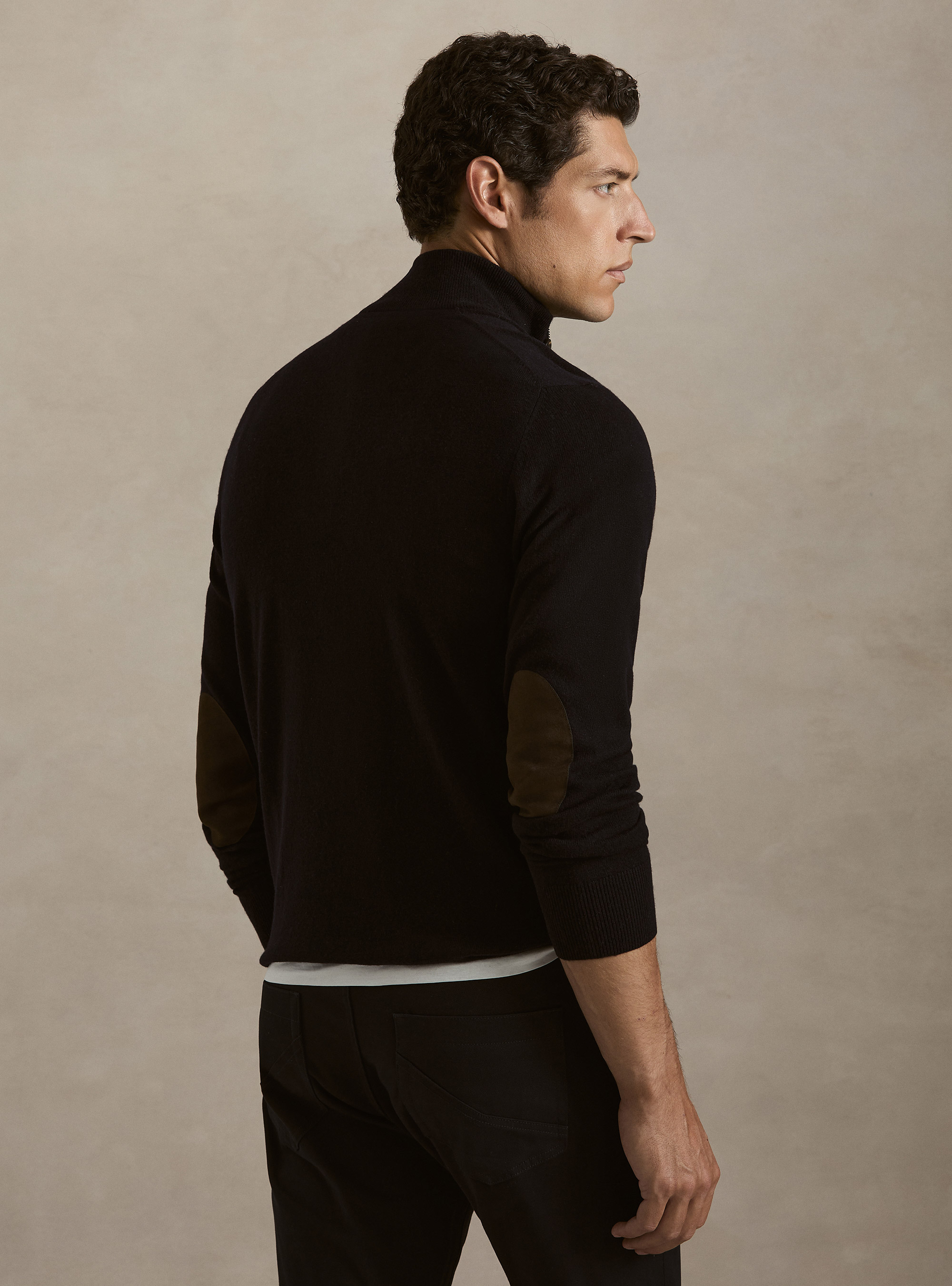 Pull demi-zip en m&eacute;lange de laine avec coudi&egrave;res, BLEU MARINE
