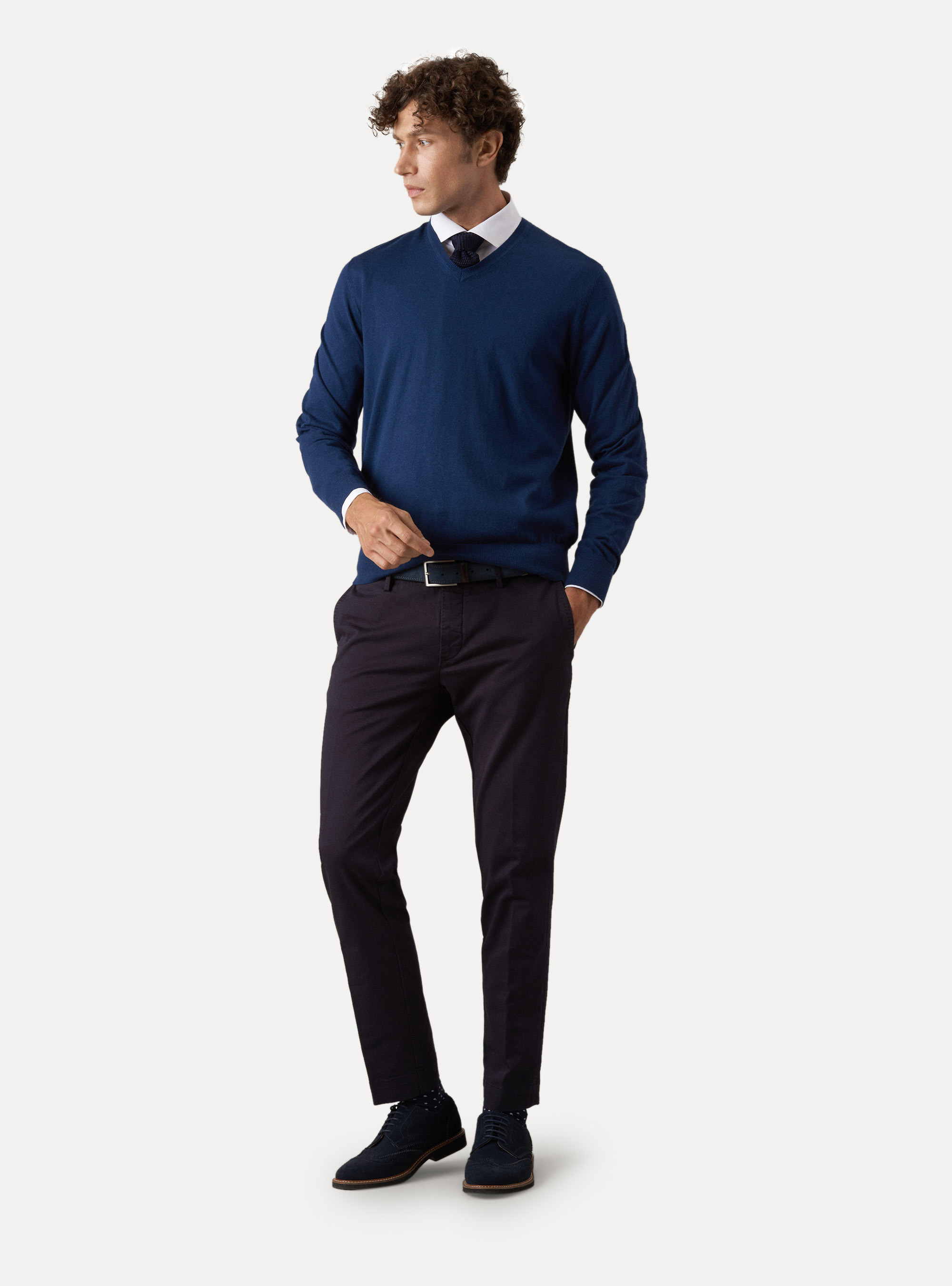 Maglia scollo a V in cotone seta e cashmere, INCHIOSTRO