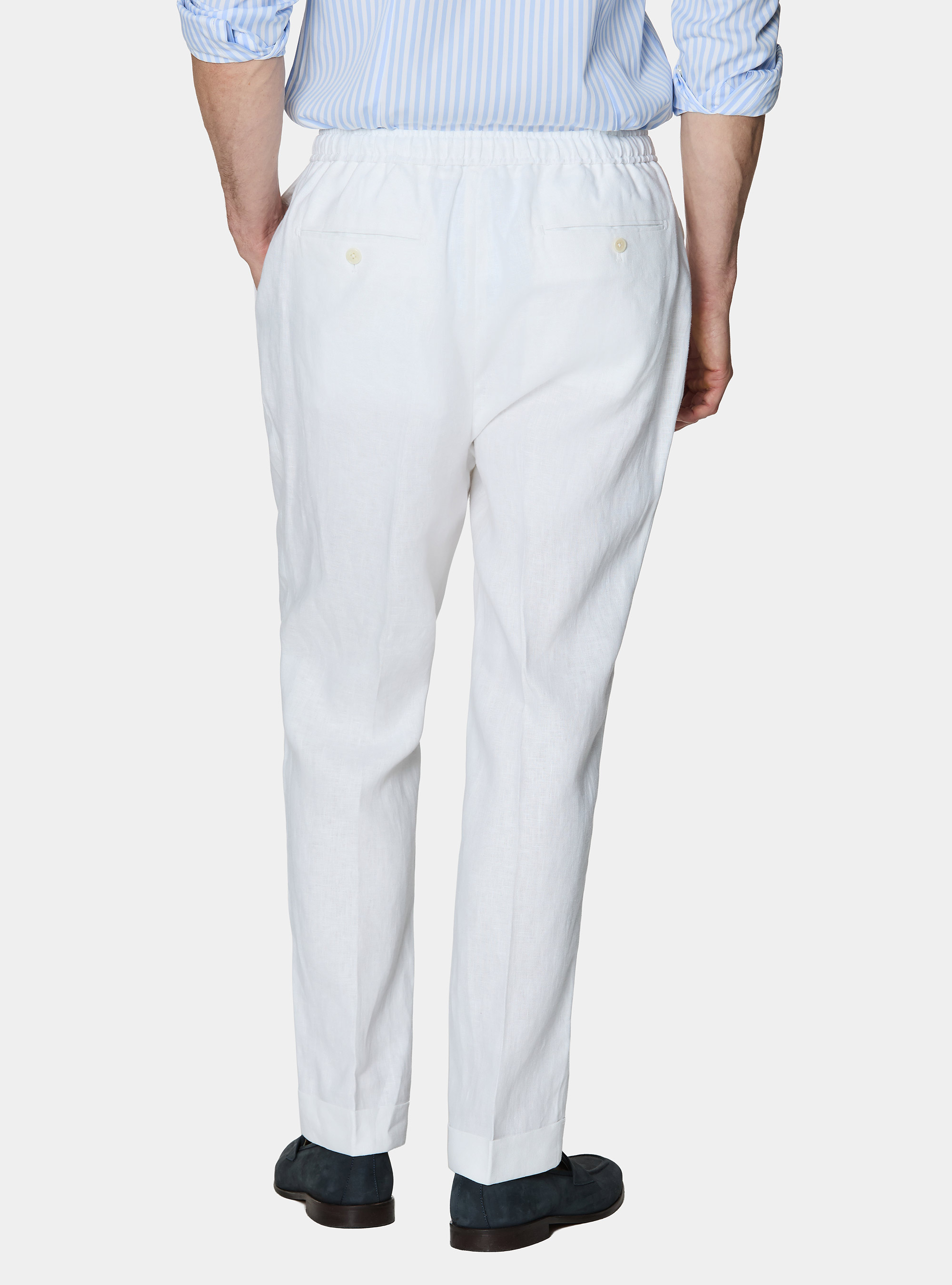 Pantaloni in puro lino con pince e coulisse, BIANCO