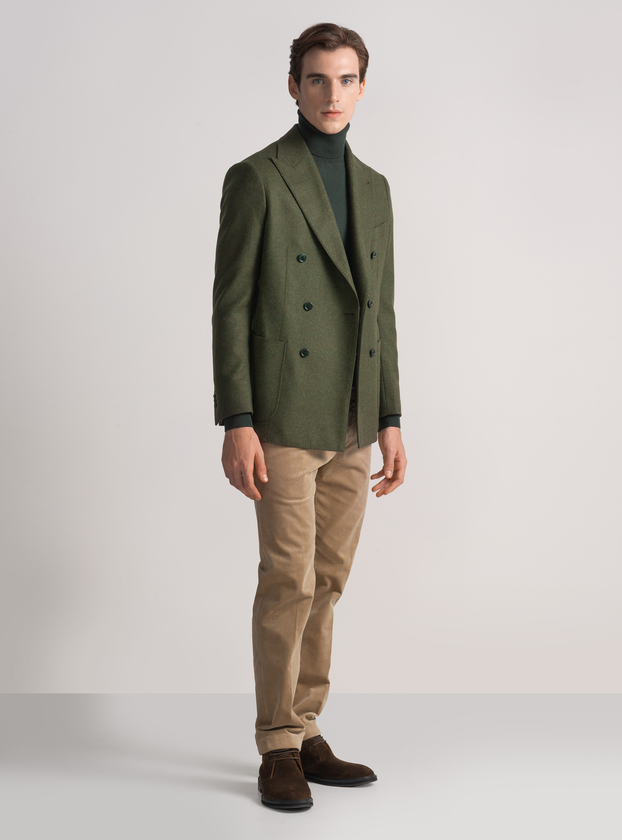 Giacca doppiopetto in flanella di lana, VERDE