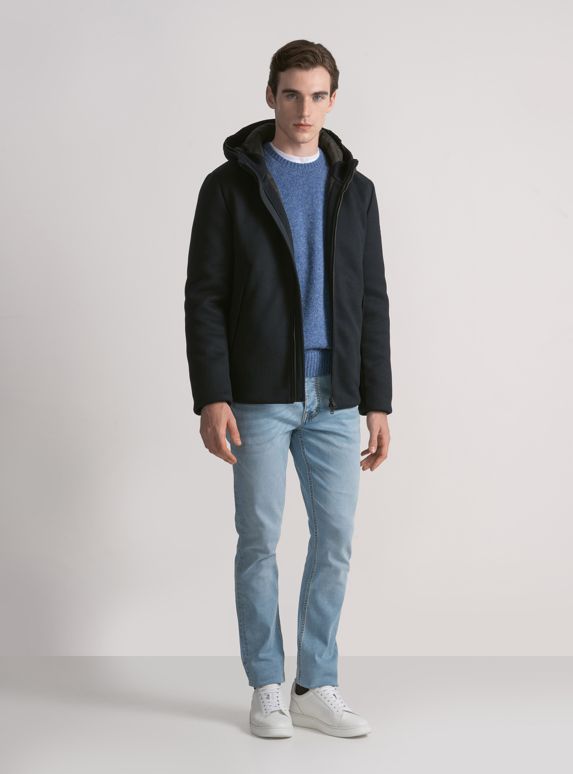 Padded technical jacket with hood, NAVY BLUE