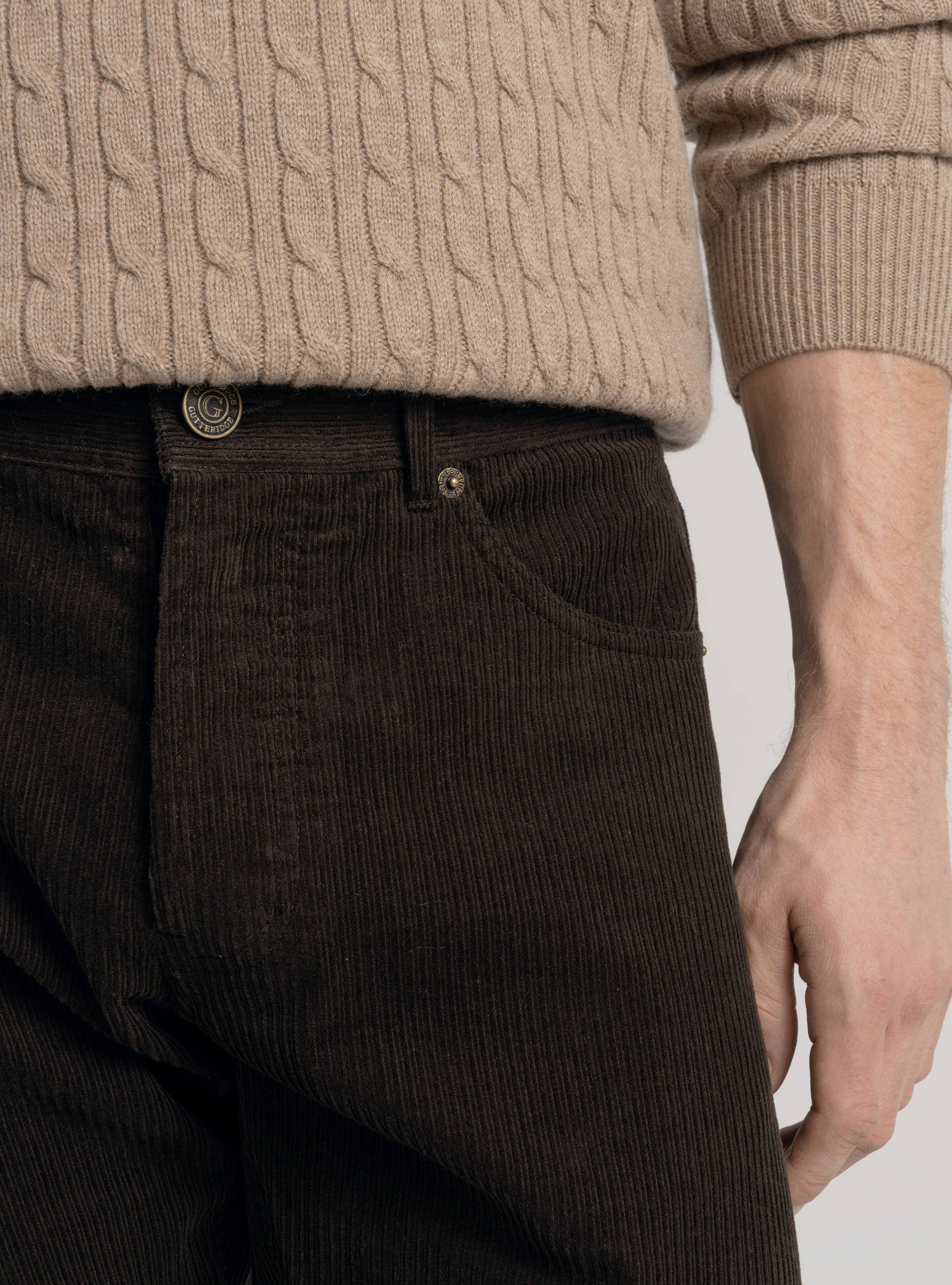 Pantaloni cinque tasche in velluto, MARRONE