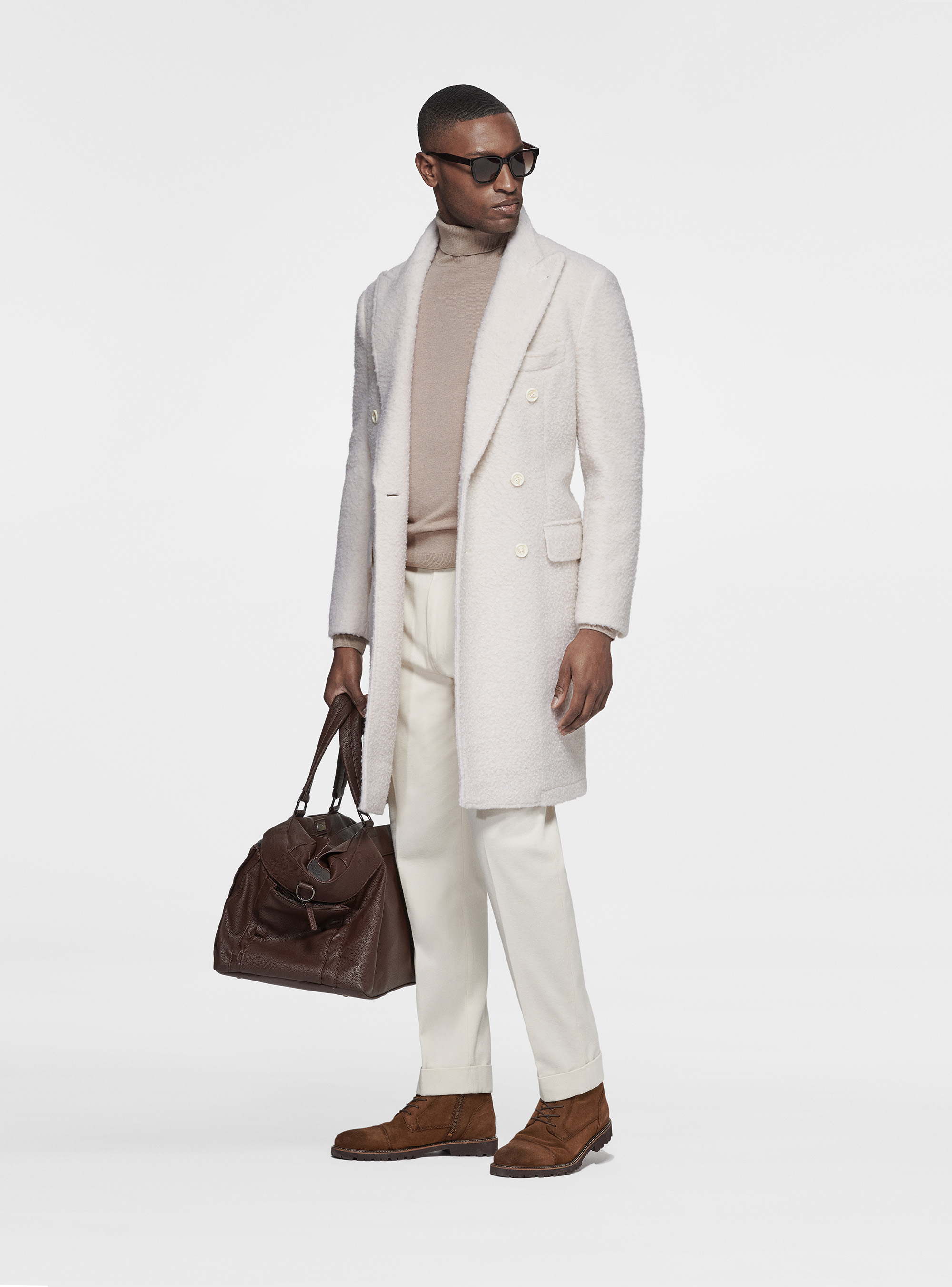 Felted cloth double-breasted coat, WHITE