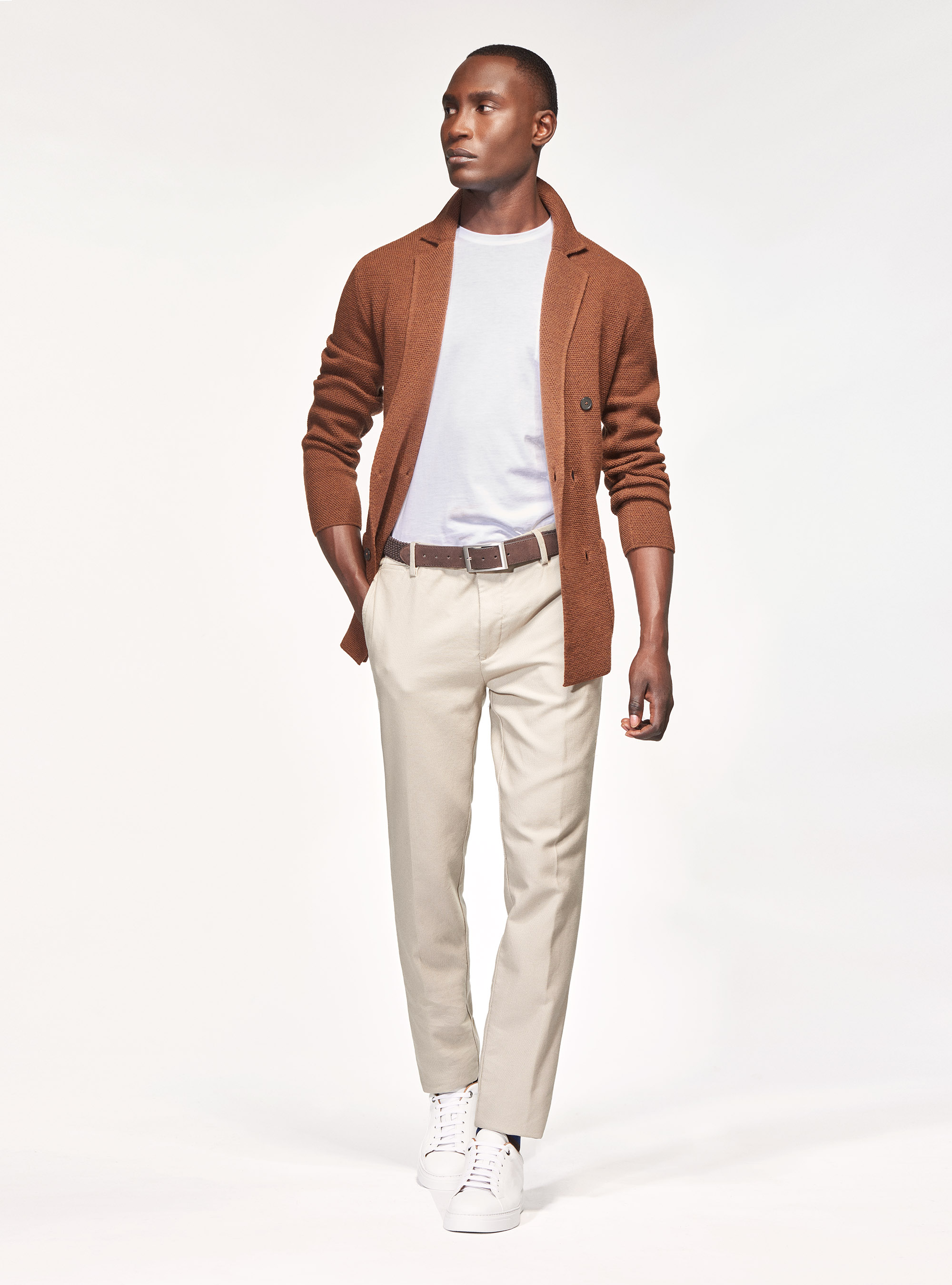 Double-breasted knitted cardigan in pure merino wool, BROWN