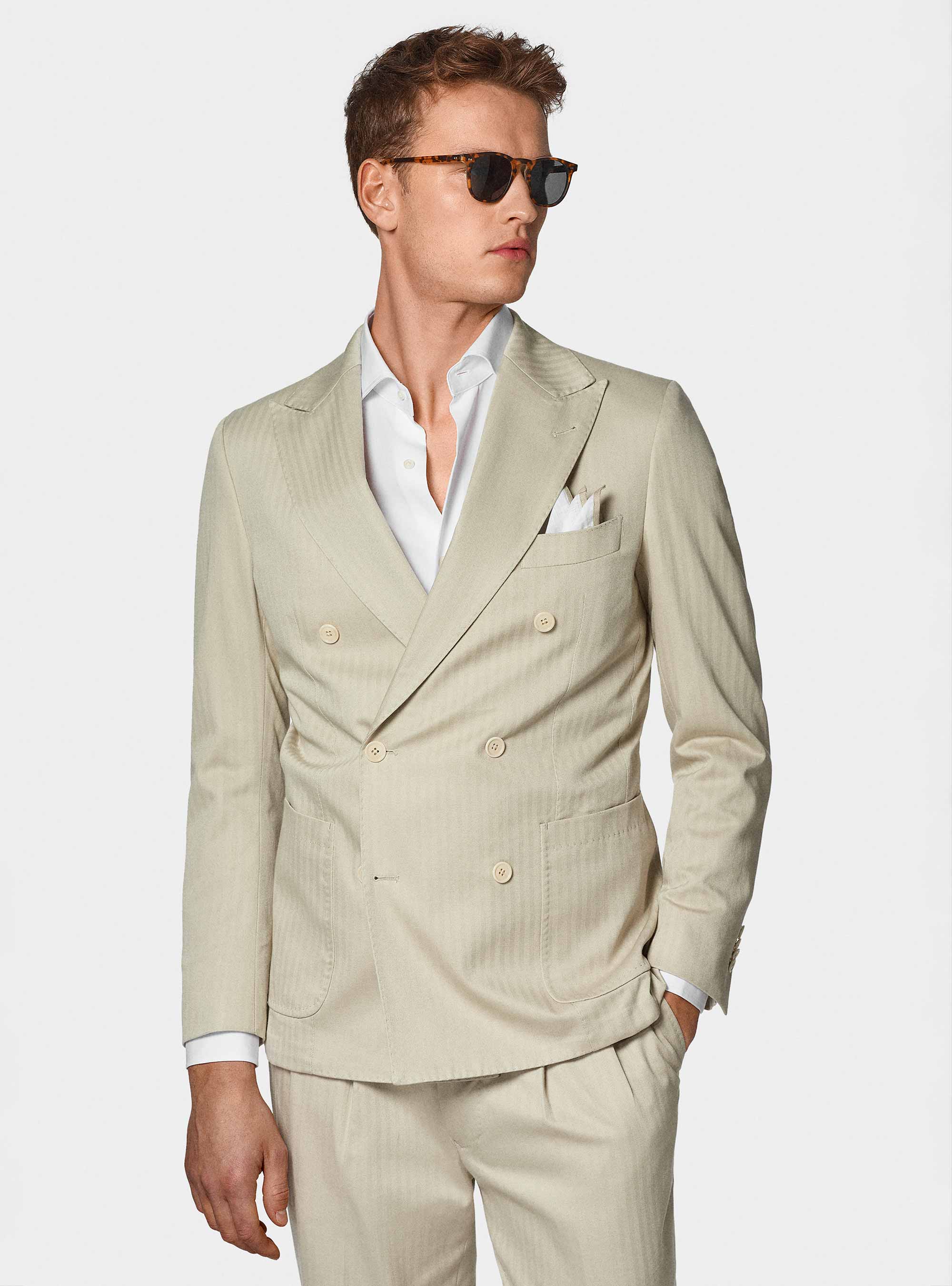 Giacca abito doppiopetto in cotone e lino, ECRU