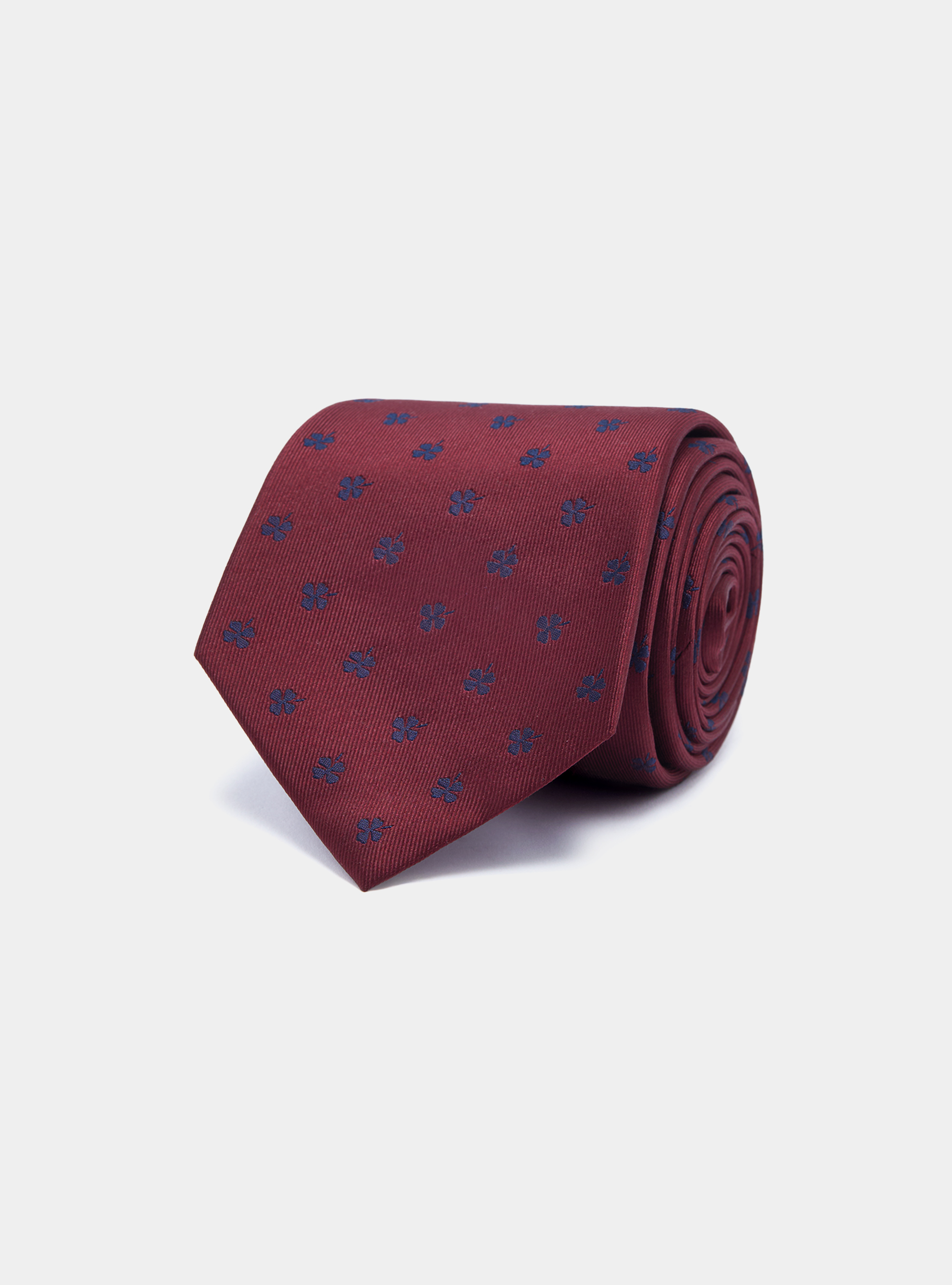Silk twill tie with four-leaf clovers, BORDEAUX