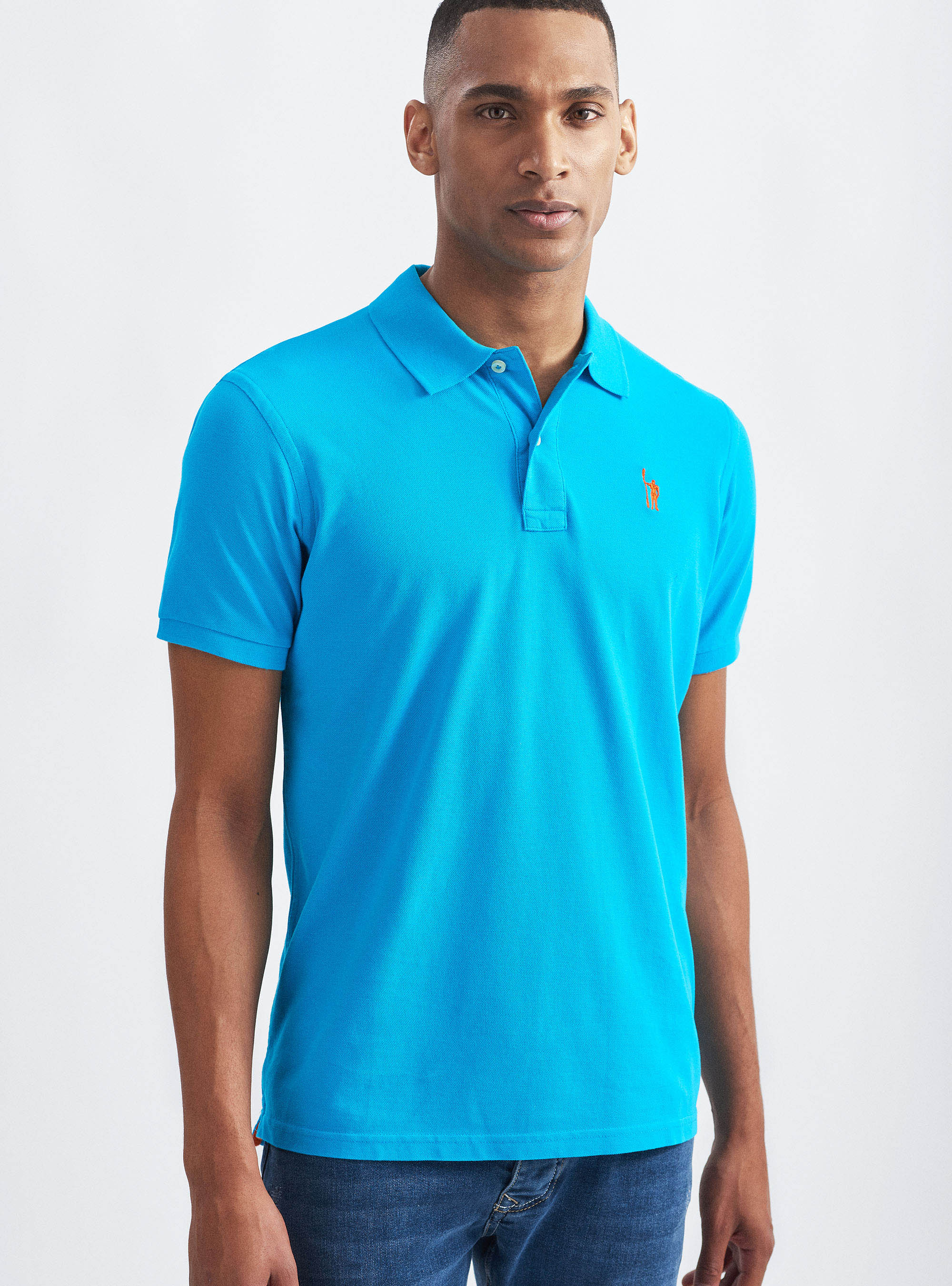 Classic cotton pique polo with embroidery, TURCHESE 0258C