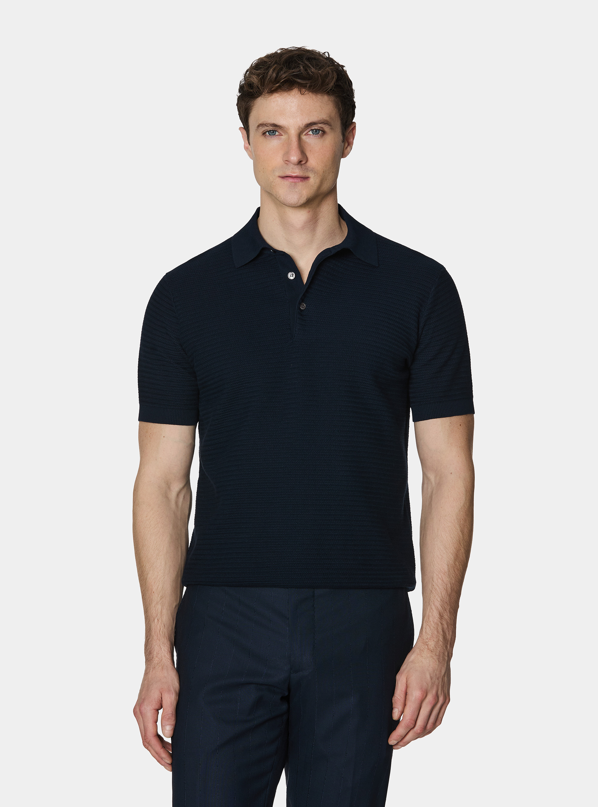 Textured cotton knit polo shirt, NAVY BLUE
