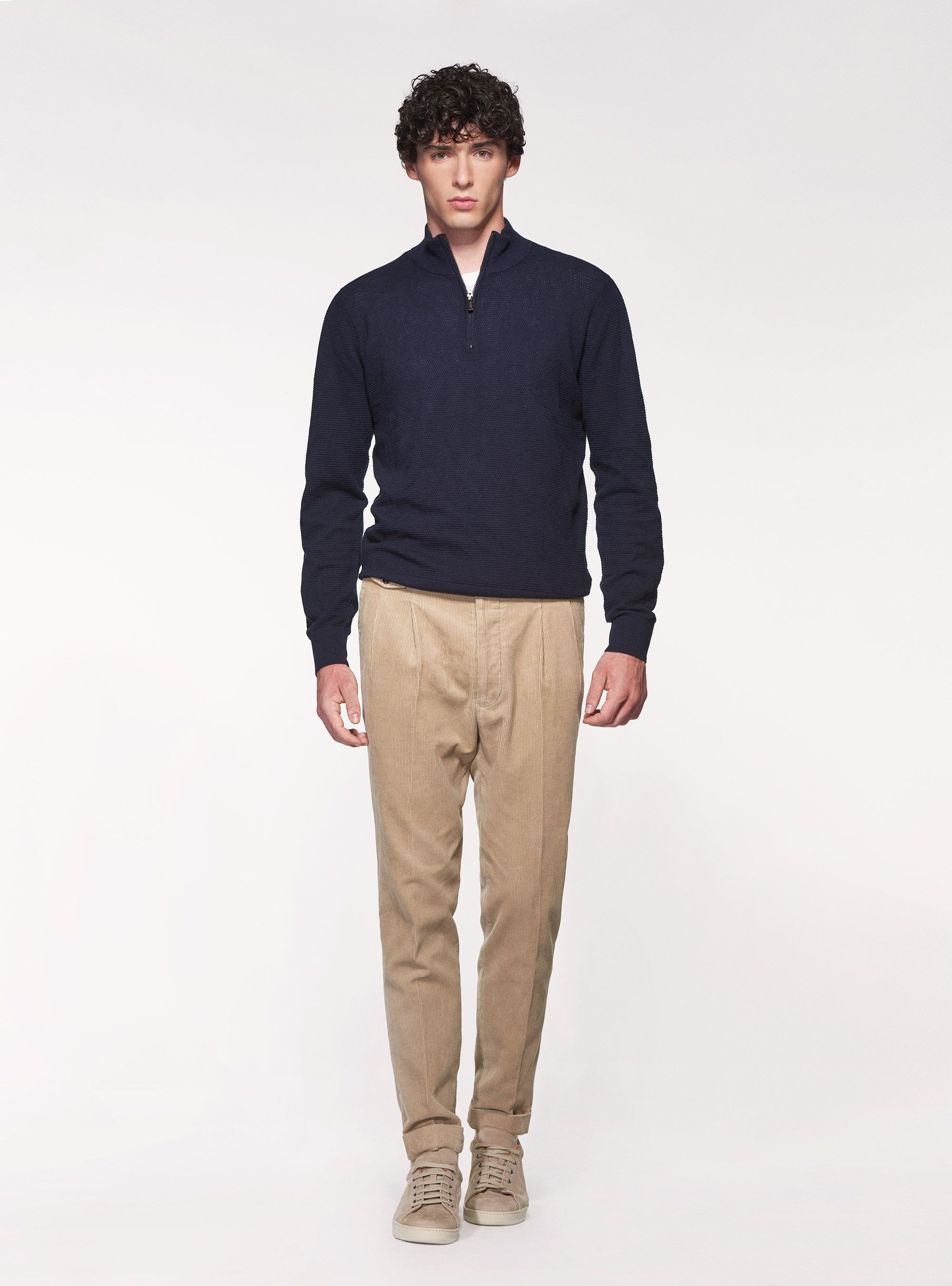 Maglia mezza zip in cotone cashmere punto riso, BLU NAVY