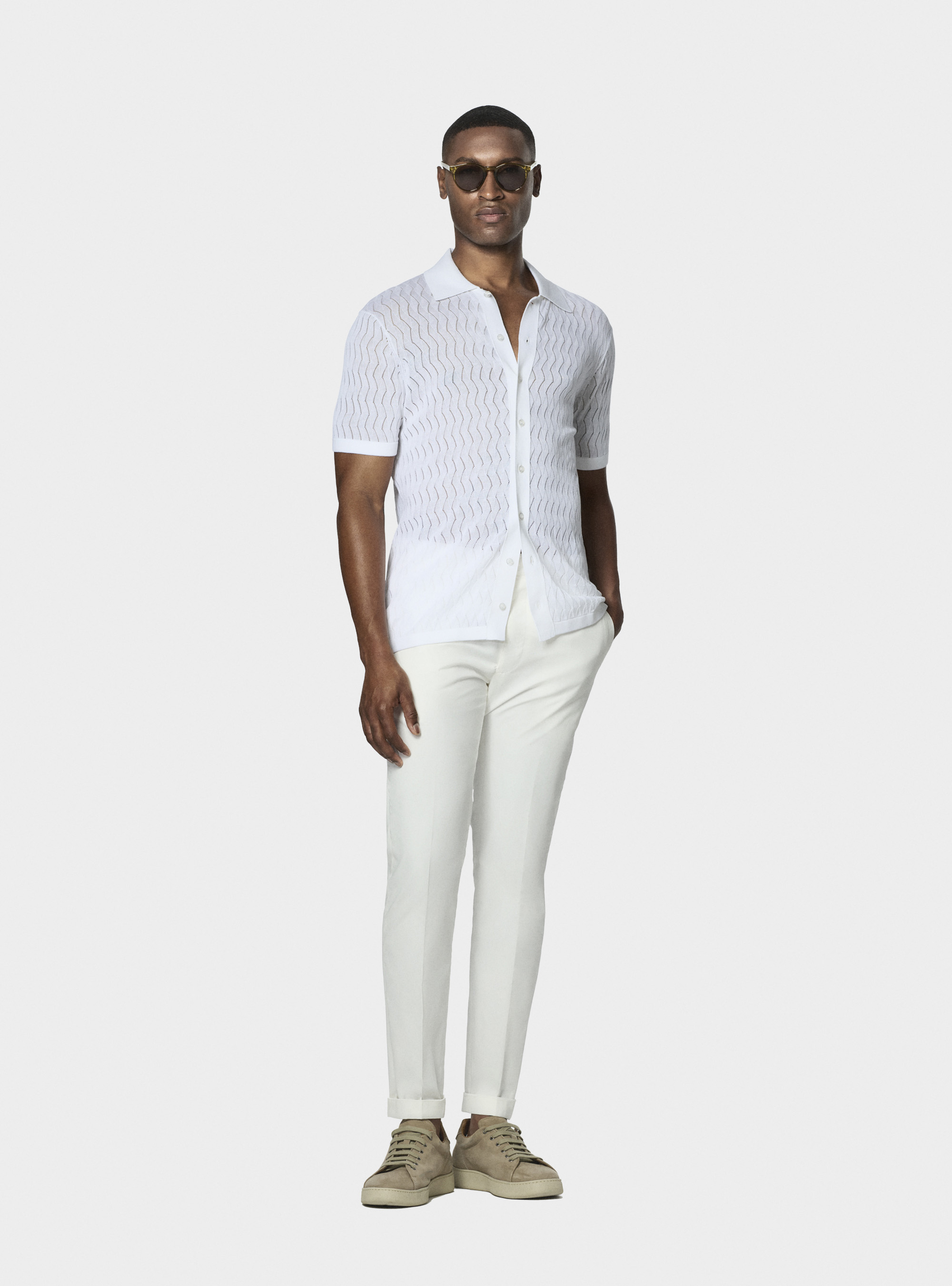 Polo camicia in maglia traforata in cotone e seta, BIANCO