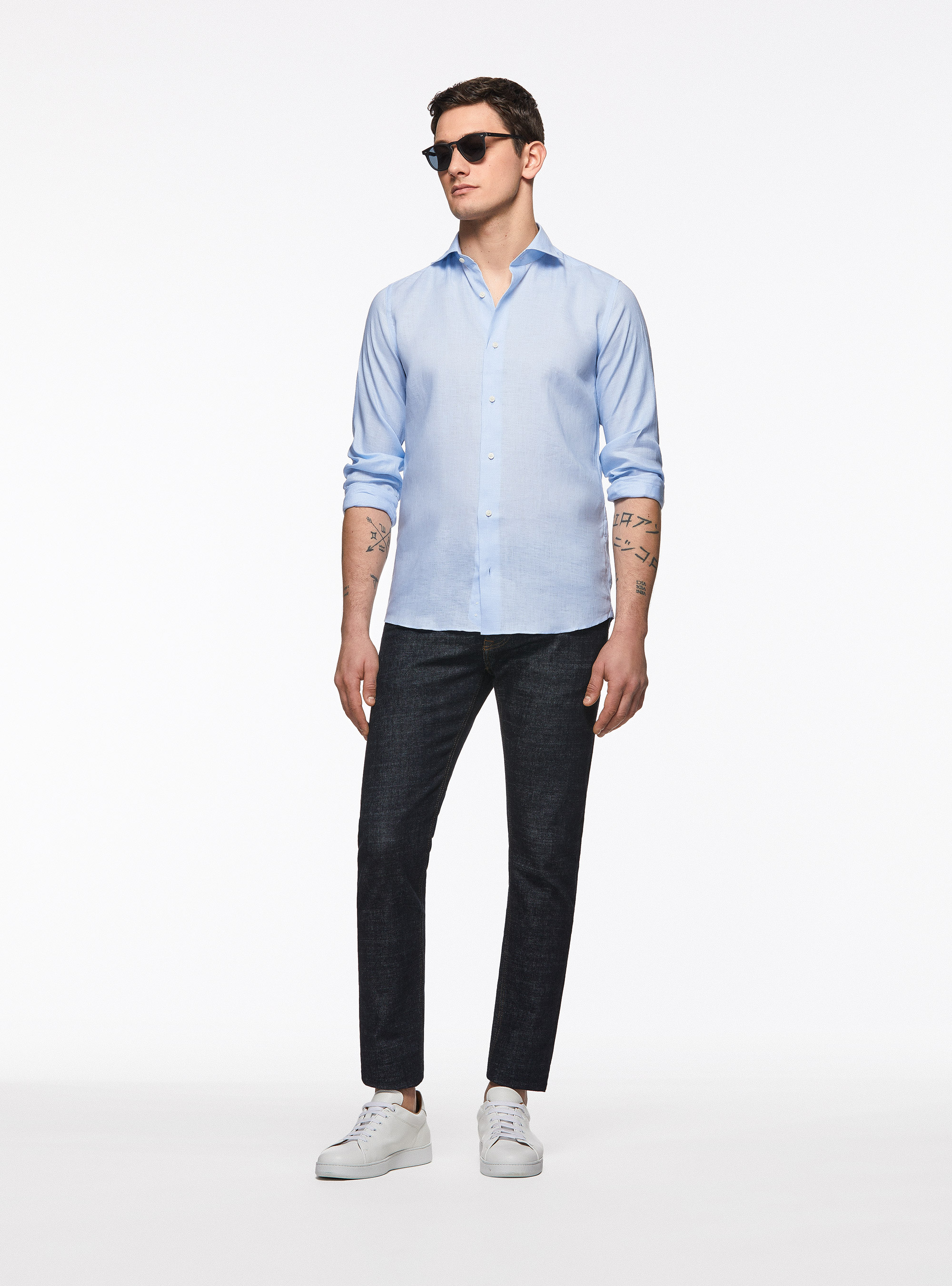 Camisa de lino puro con cuello semifranc&eacute;s, CELESTE