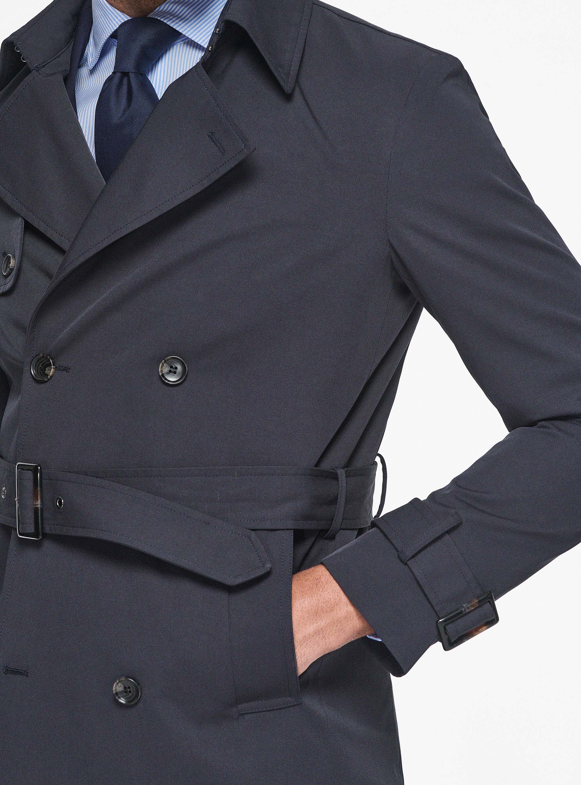 Double-breasted trench coat in technical twill, NAVY BLUE