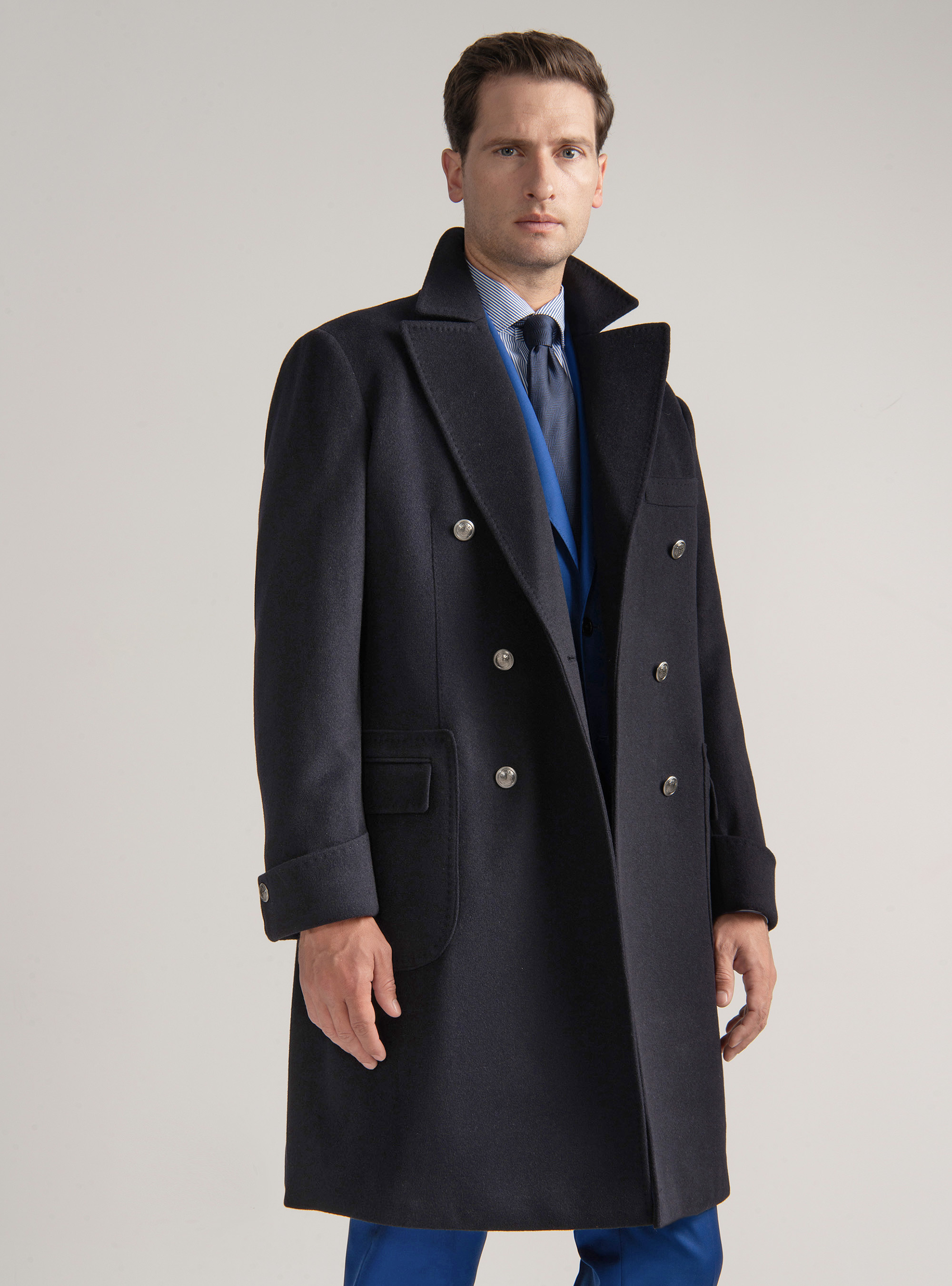 Cashmere wool double-breasted coat with metal button, NAVY BLUE