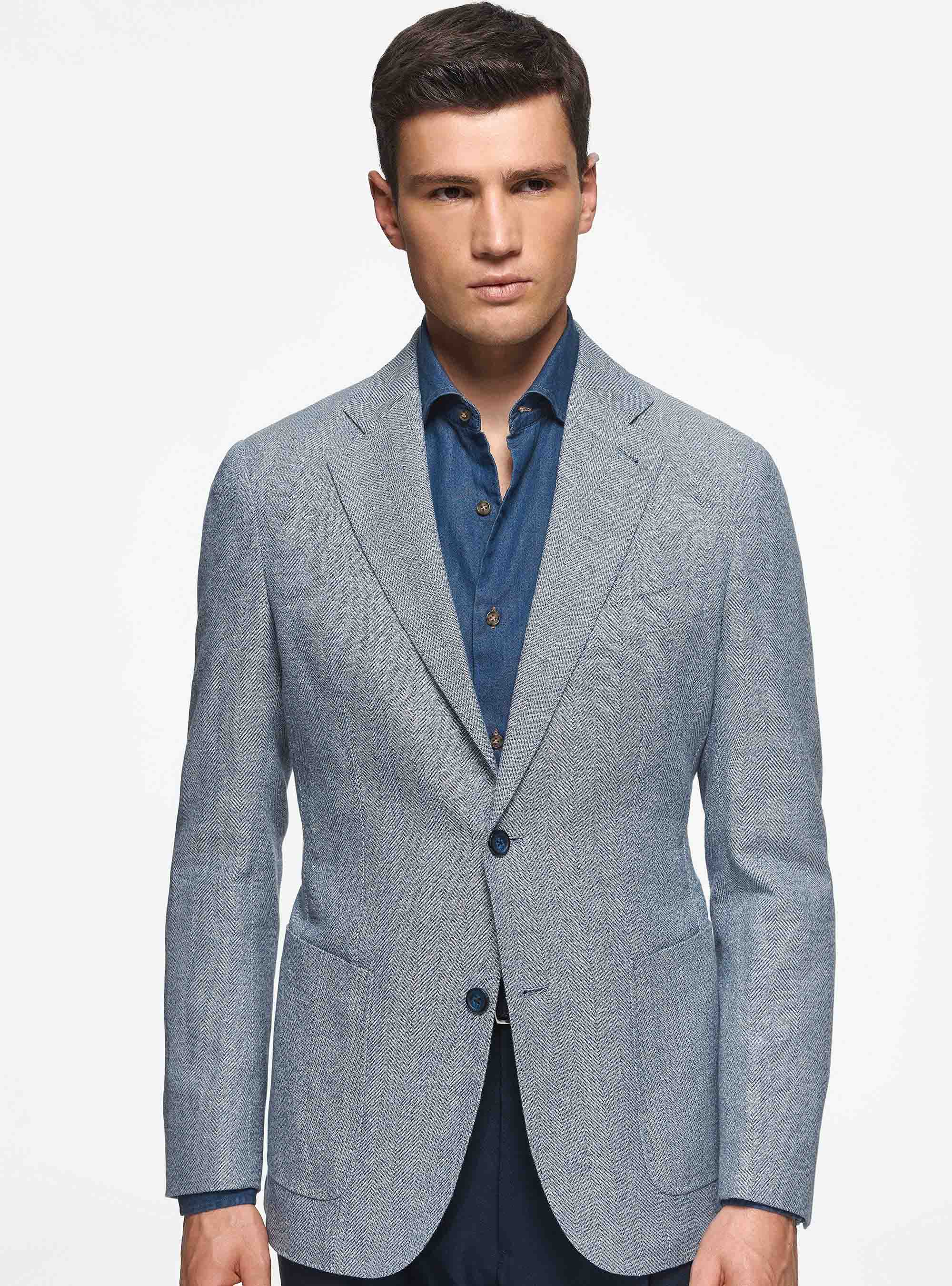 Giacca in cotone e lino spigato, BLU NAVY