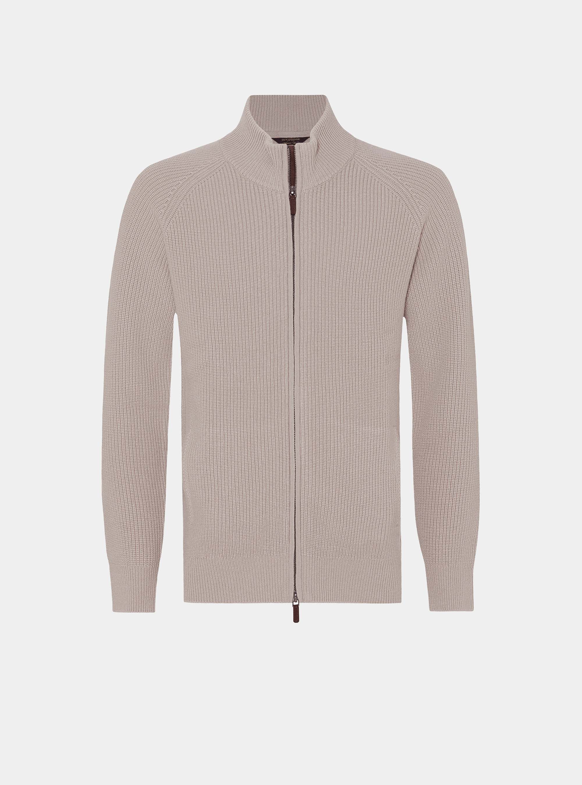 Cardigan con zip in maglia raglan in lana merino, SABBIA