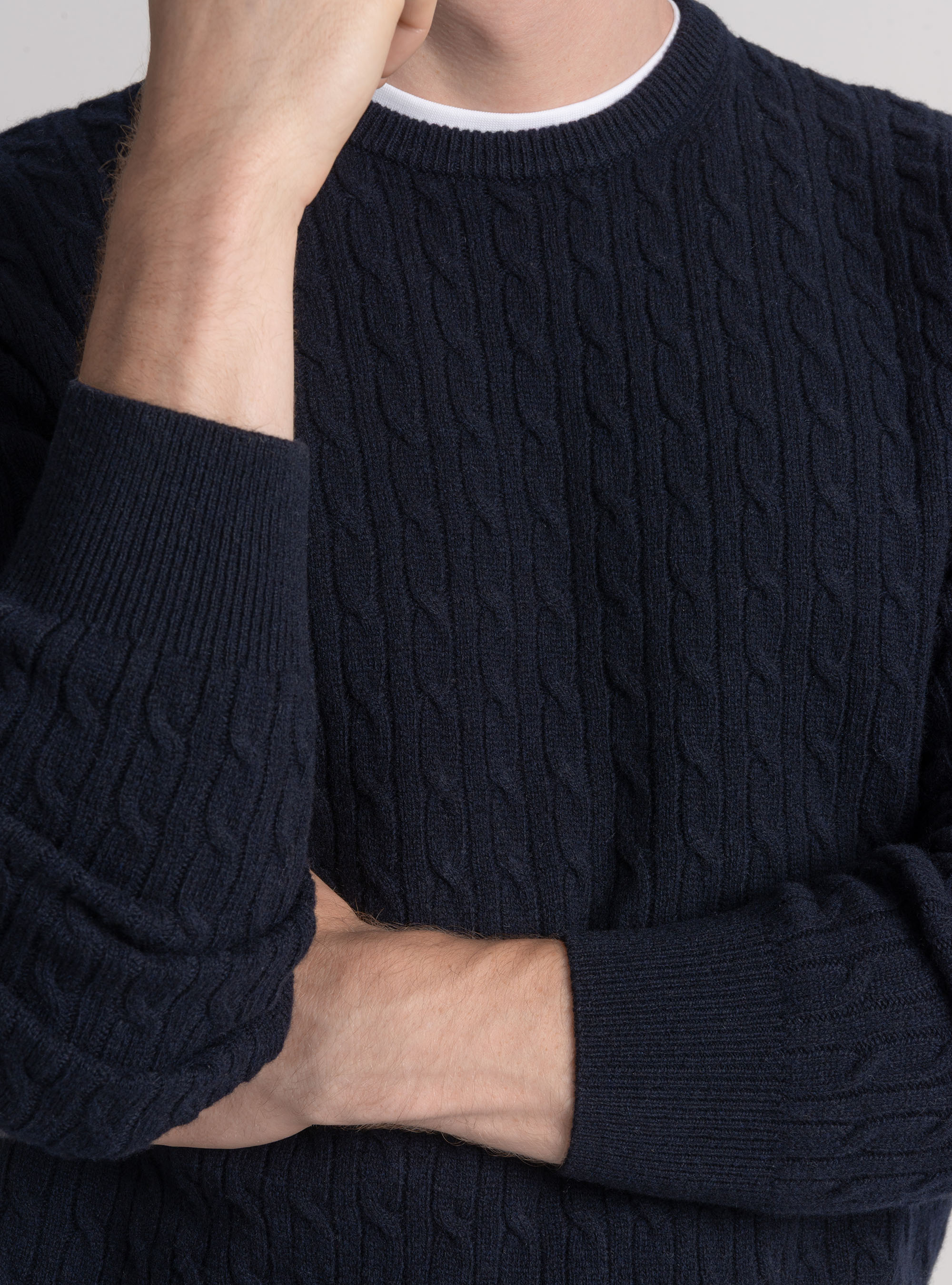 Cashmere wool crew-neck sweater with braid, NAVY BLUE