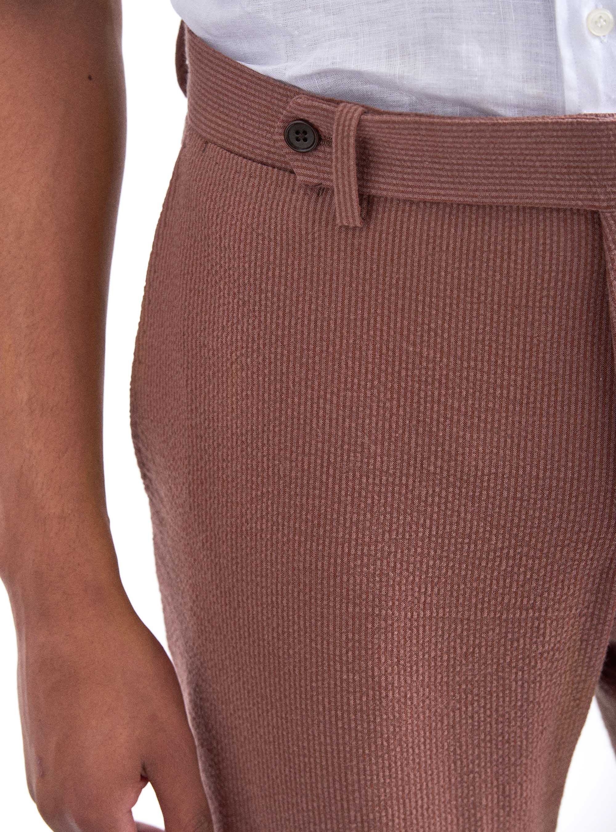 Pantaloni per abito seersucker in cotone stretch, TABACCO