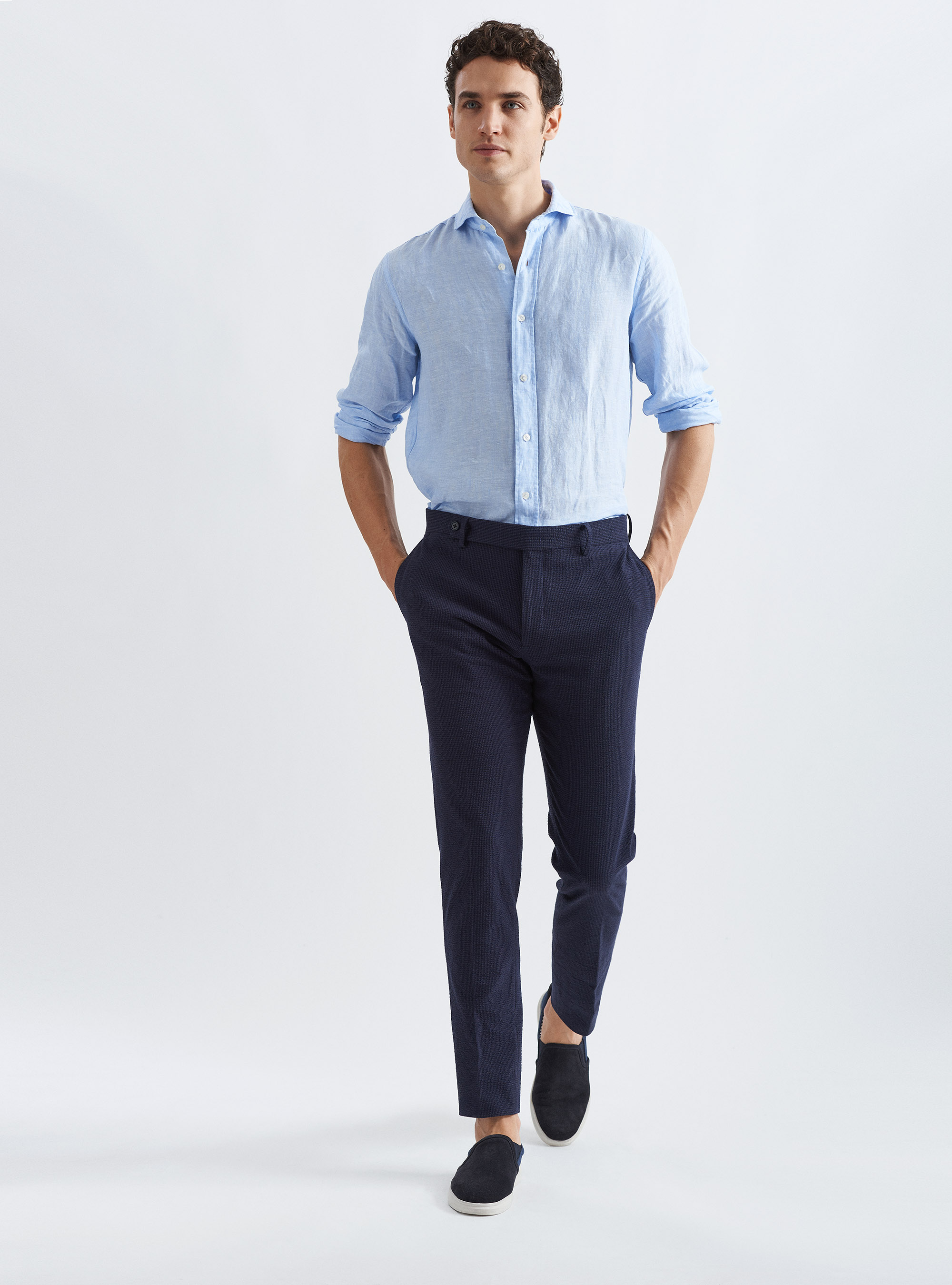 Pantaloni per abito in cotone seersucker, BLU NAVY