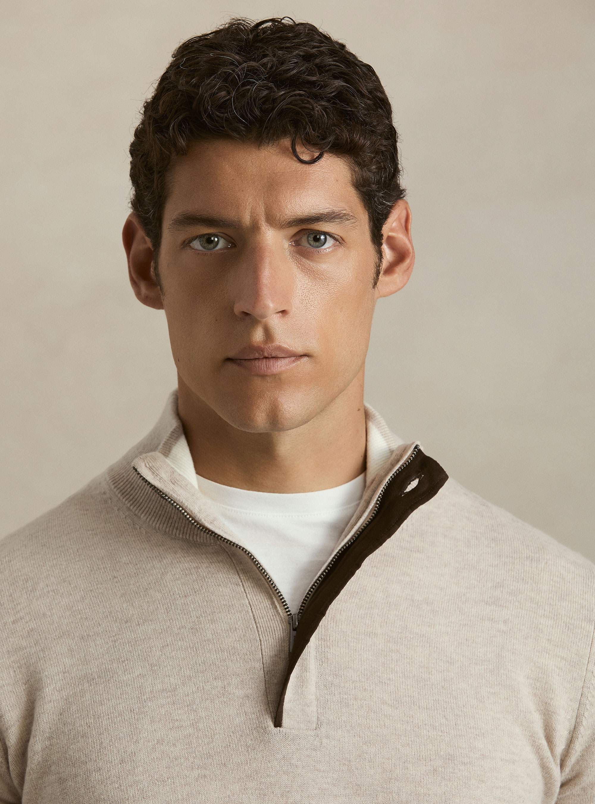 Half-zip wool blend sweater with elbow patches, ECRU