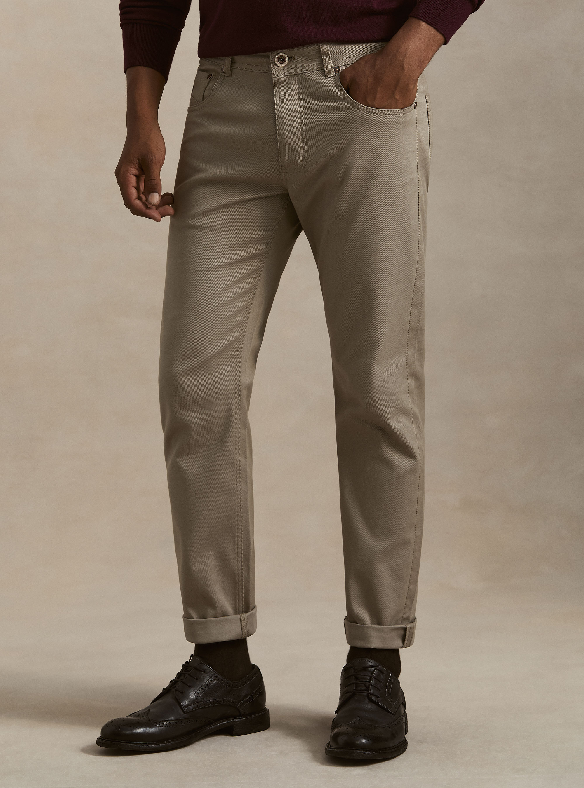 Pantaloni 5 tasche in misto cotone armaturato, FANGO 0568C