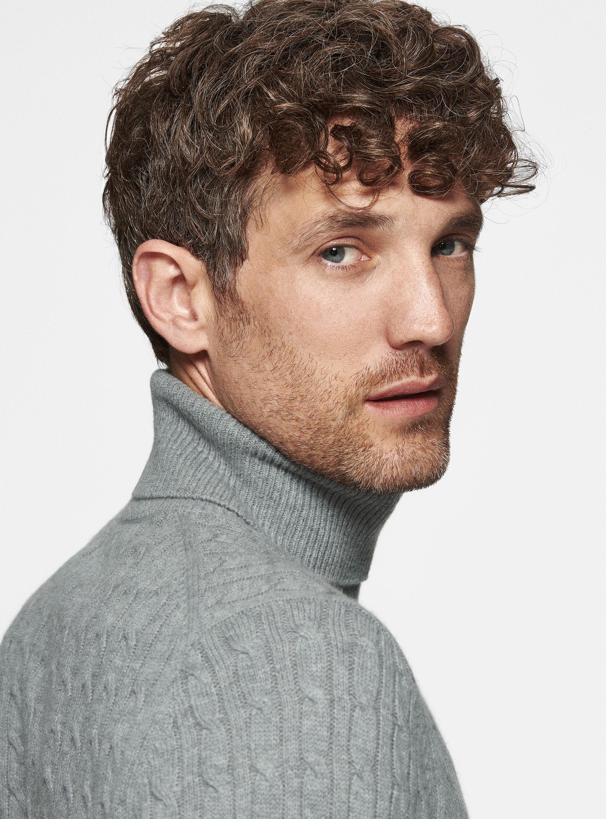 Maglia collo alto in lana cashmere con treccia, GRIGIO MELANGE 0151C