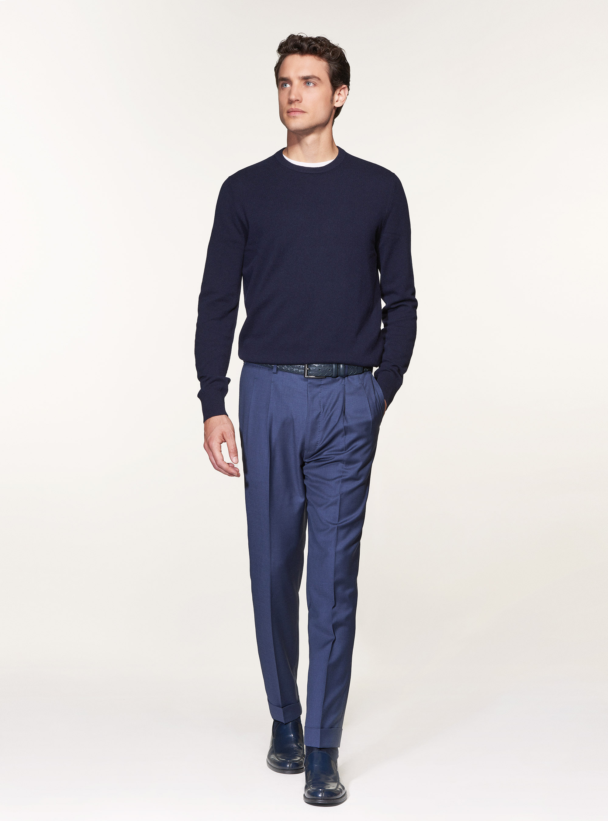 Maglia girocollo in lana lambswool e cashmere, BLU NAVY