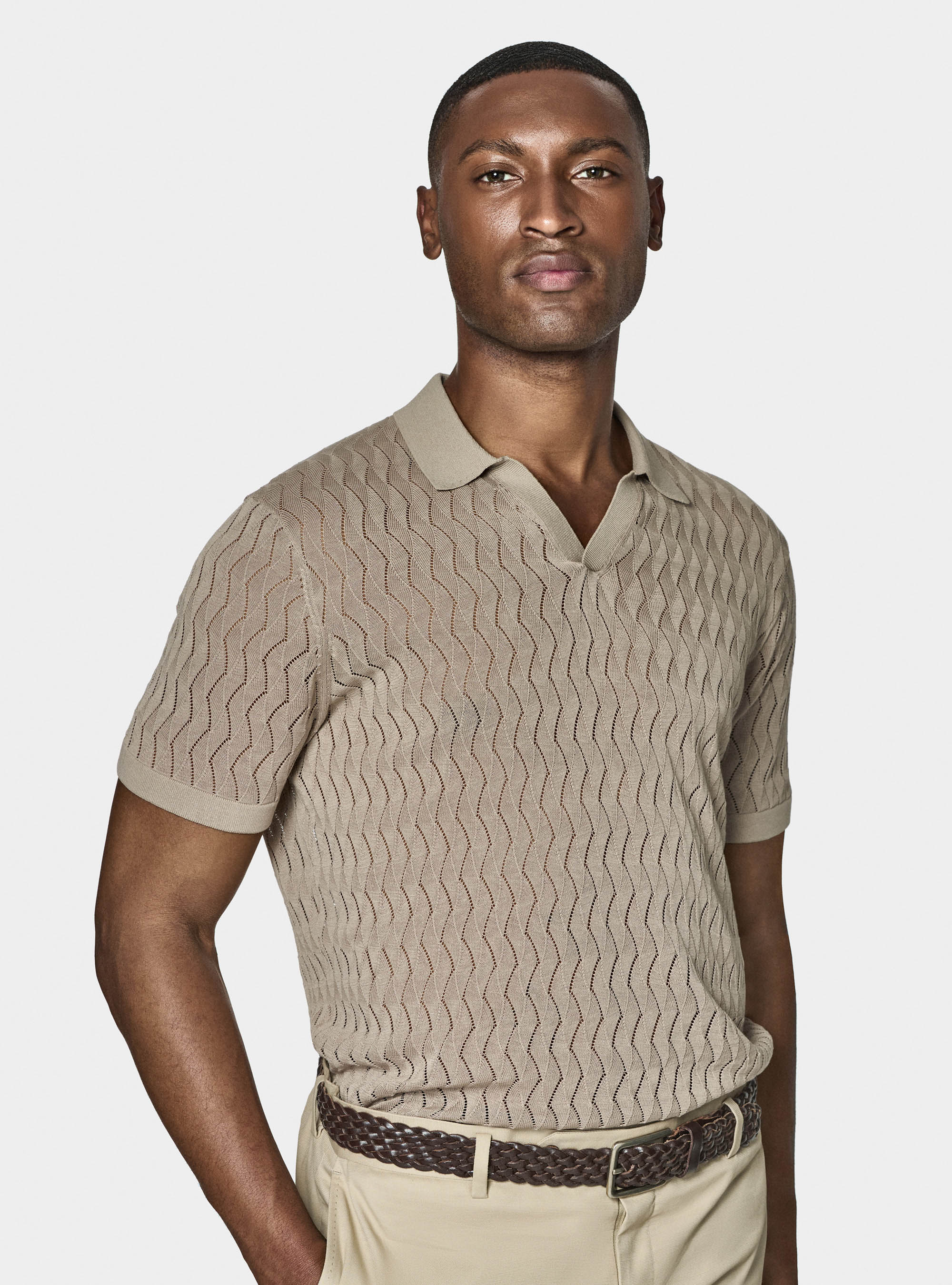 Cotton and silk buttonless perforated knit polo shirt