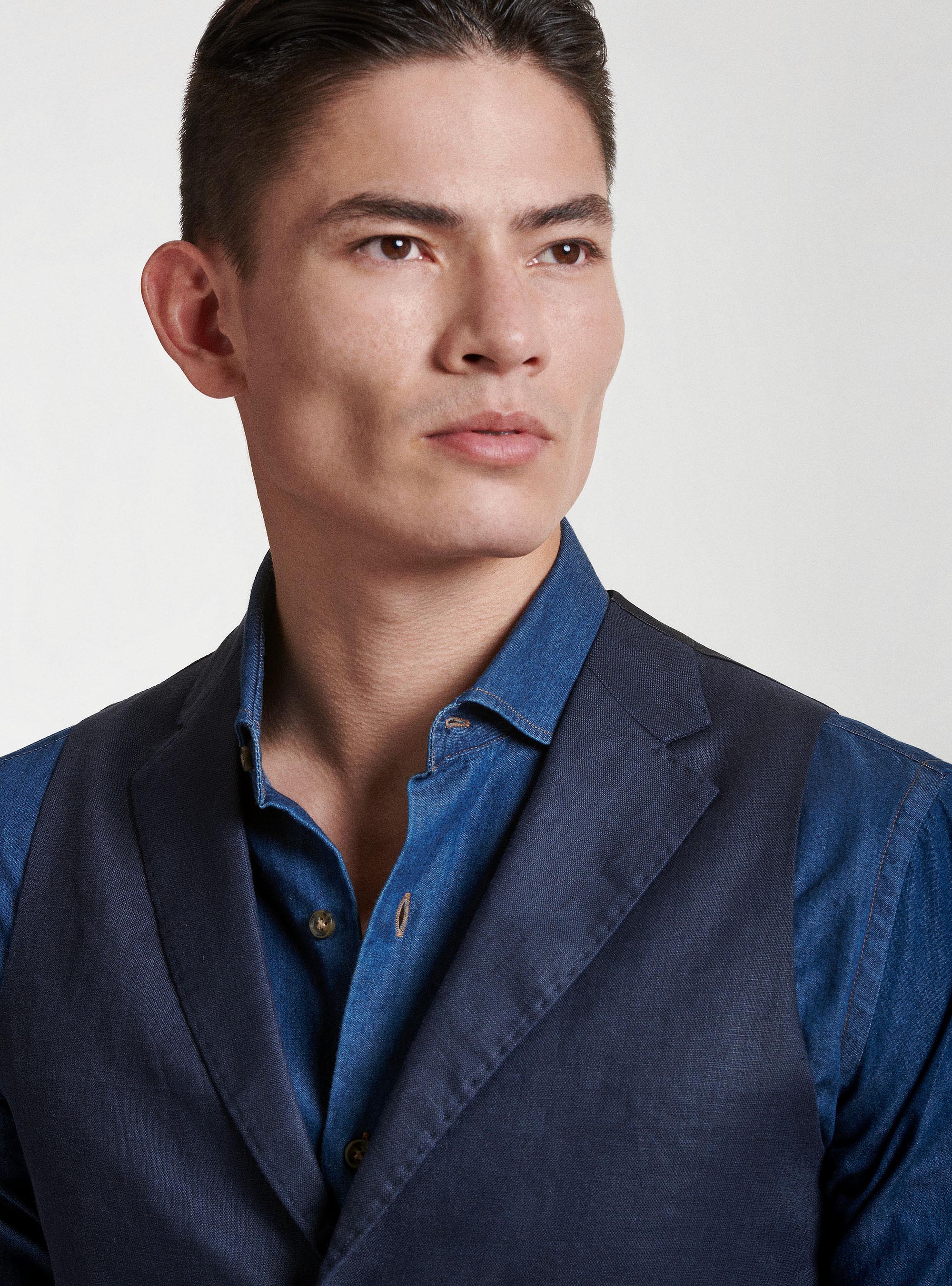 Gilet monopetto in puro lino con revers, BLU NAVY