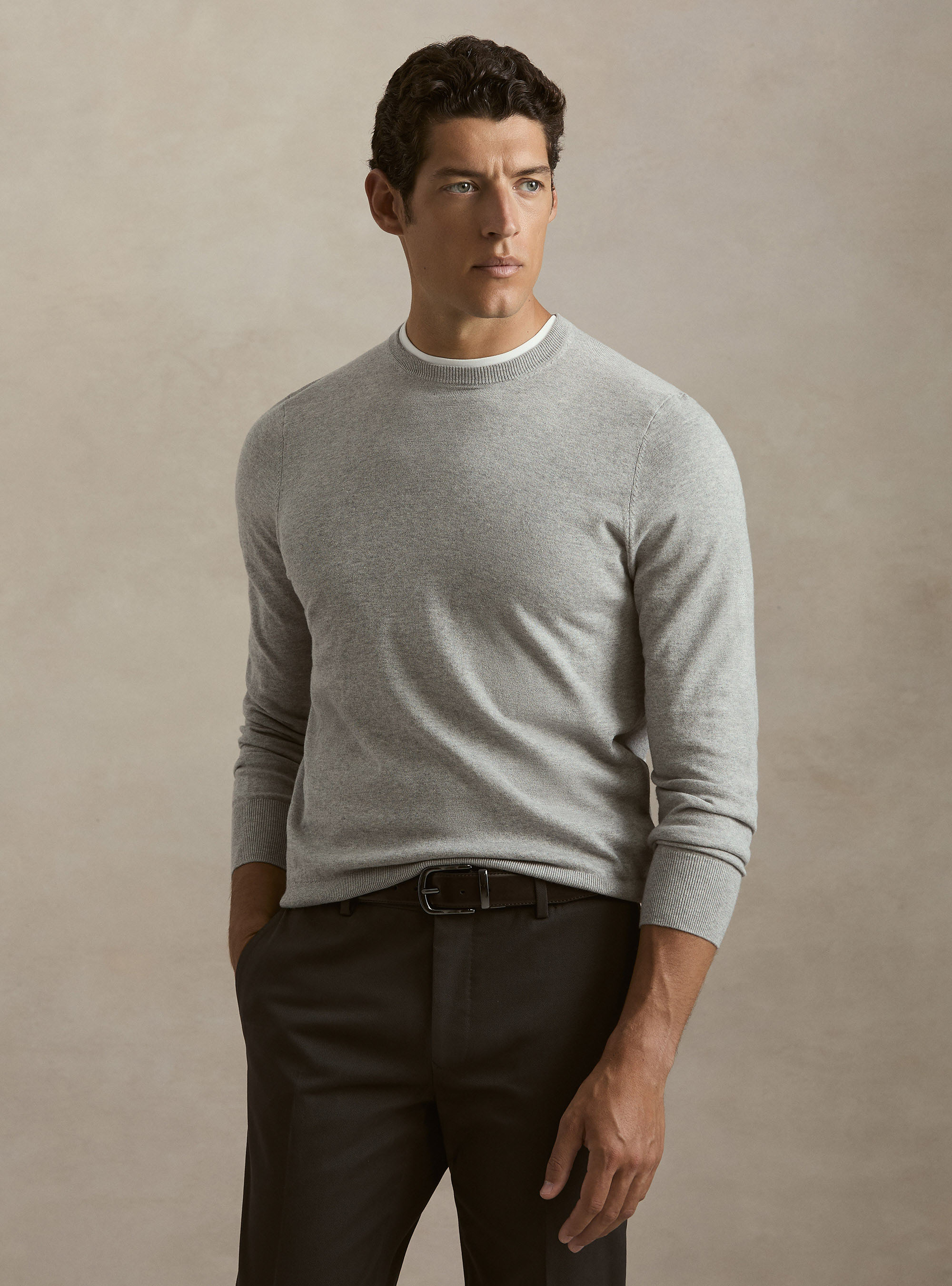 Maglia girocollo in cotone seta e cashmere, GRIGIO CHIARO MELANGE