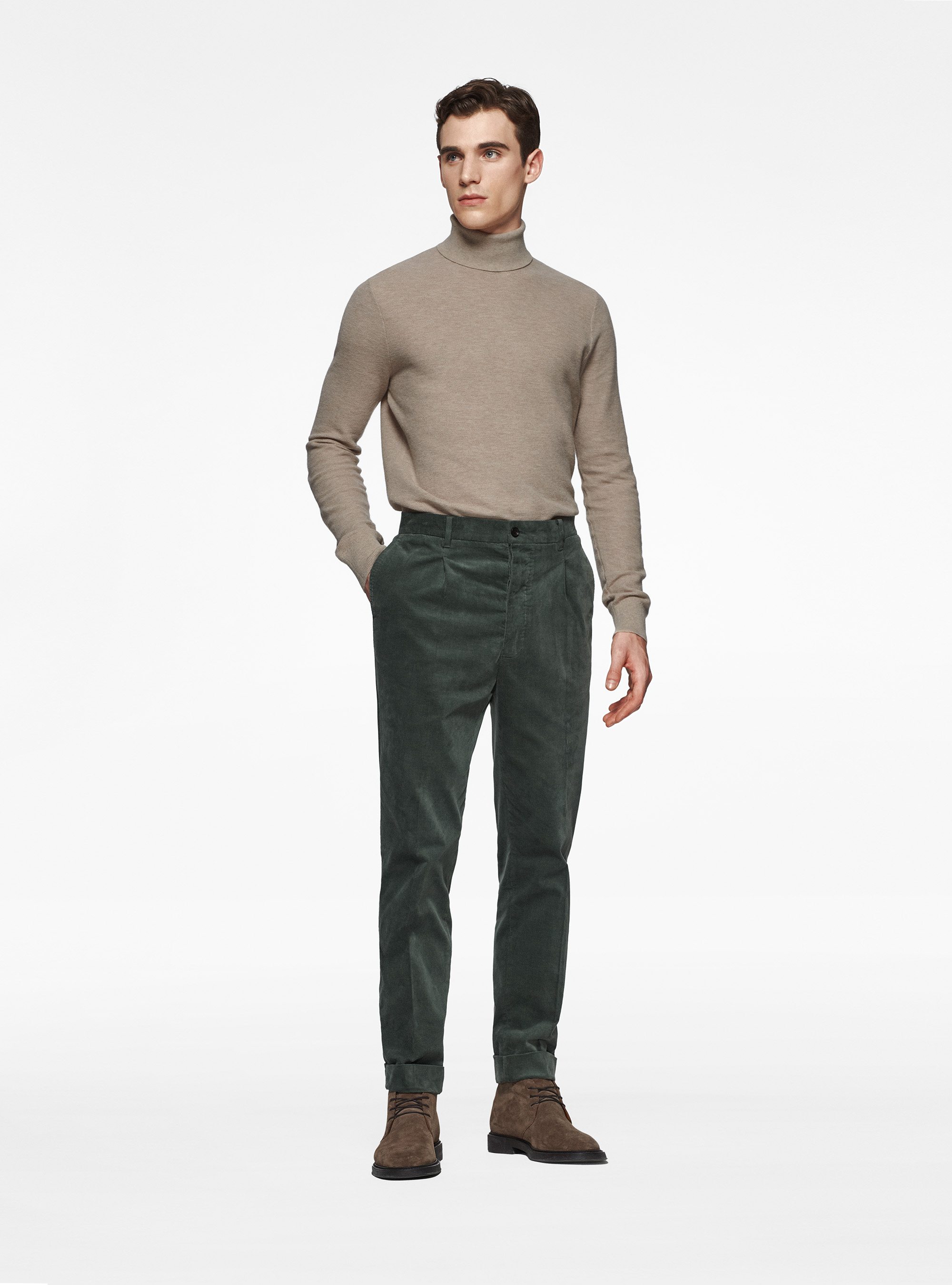 Pantaloni con elastico in velluto millerighe, VERDE