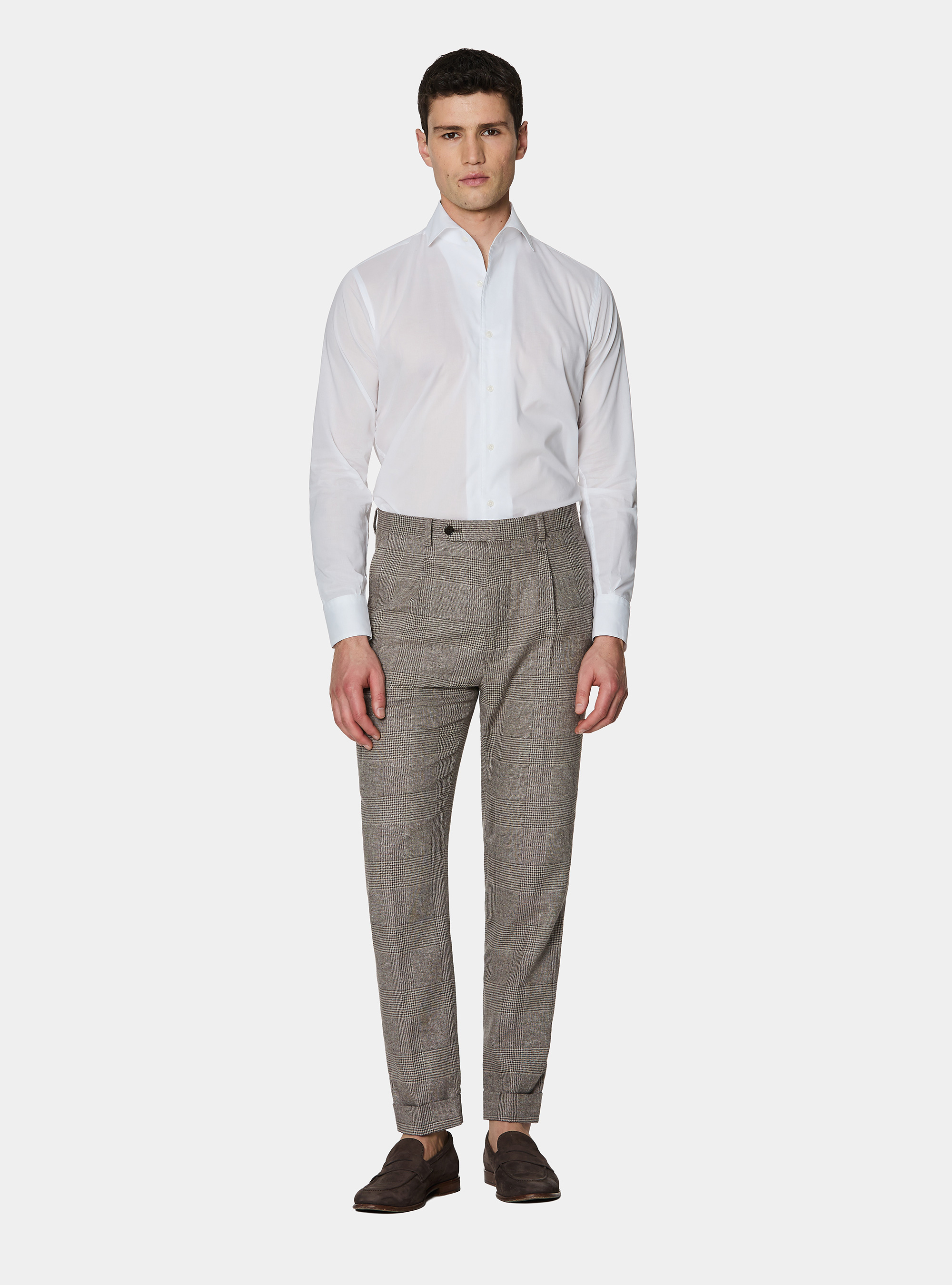 Pantaloni fantasia con pince in lino e cotone, MARRONE