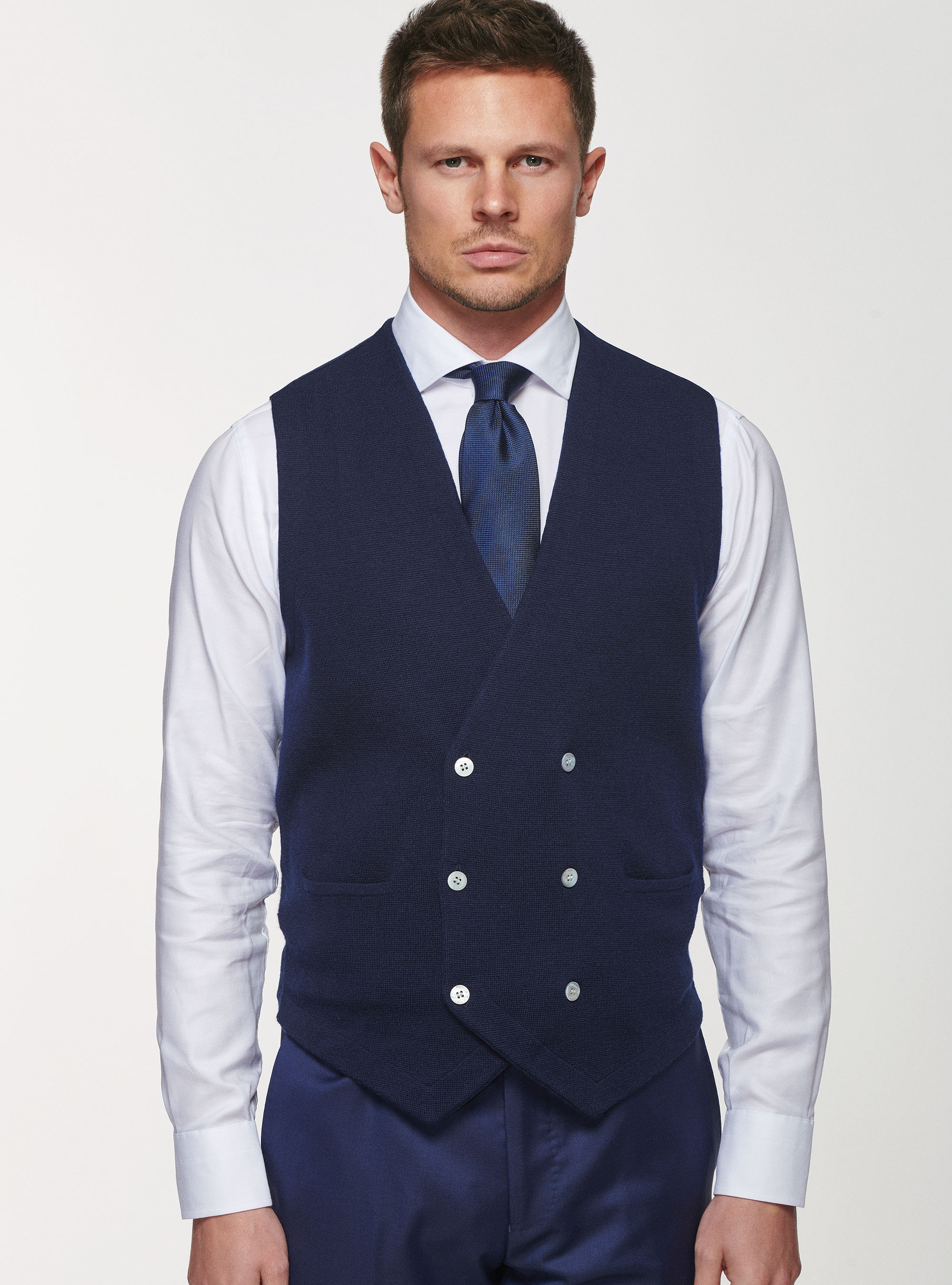 Double-breasted knitted gilet in pure merino wool, NAVY BLUE