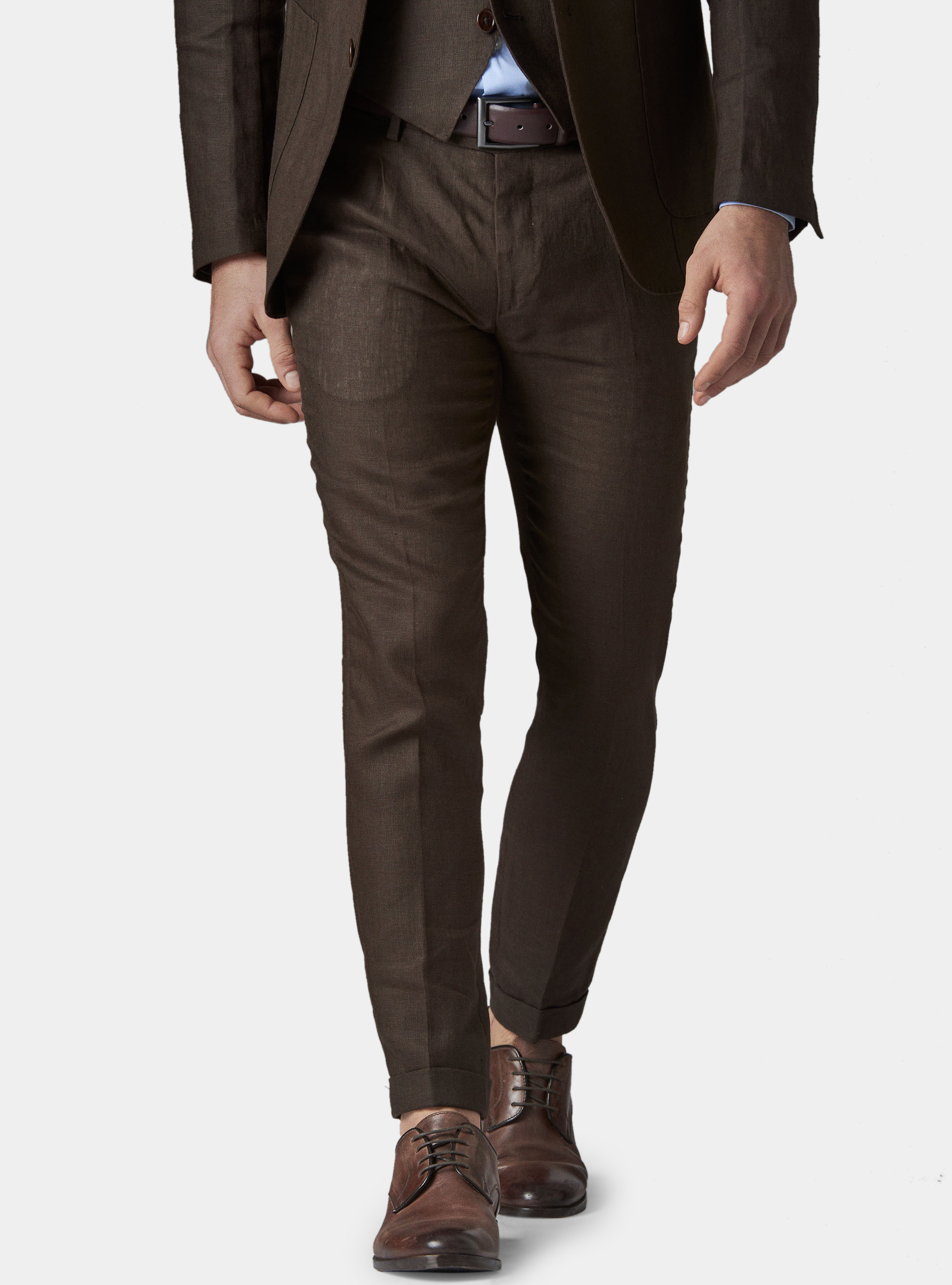 Pantalone con pince per abito in lino ritorto, MARRONE