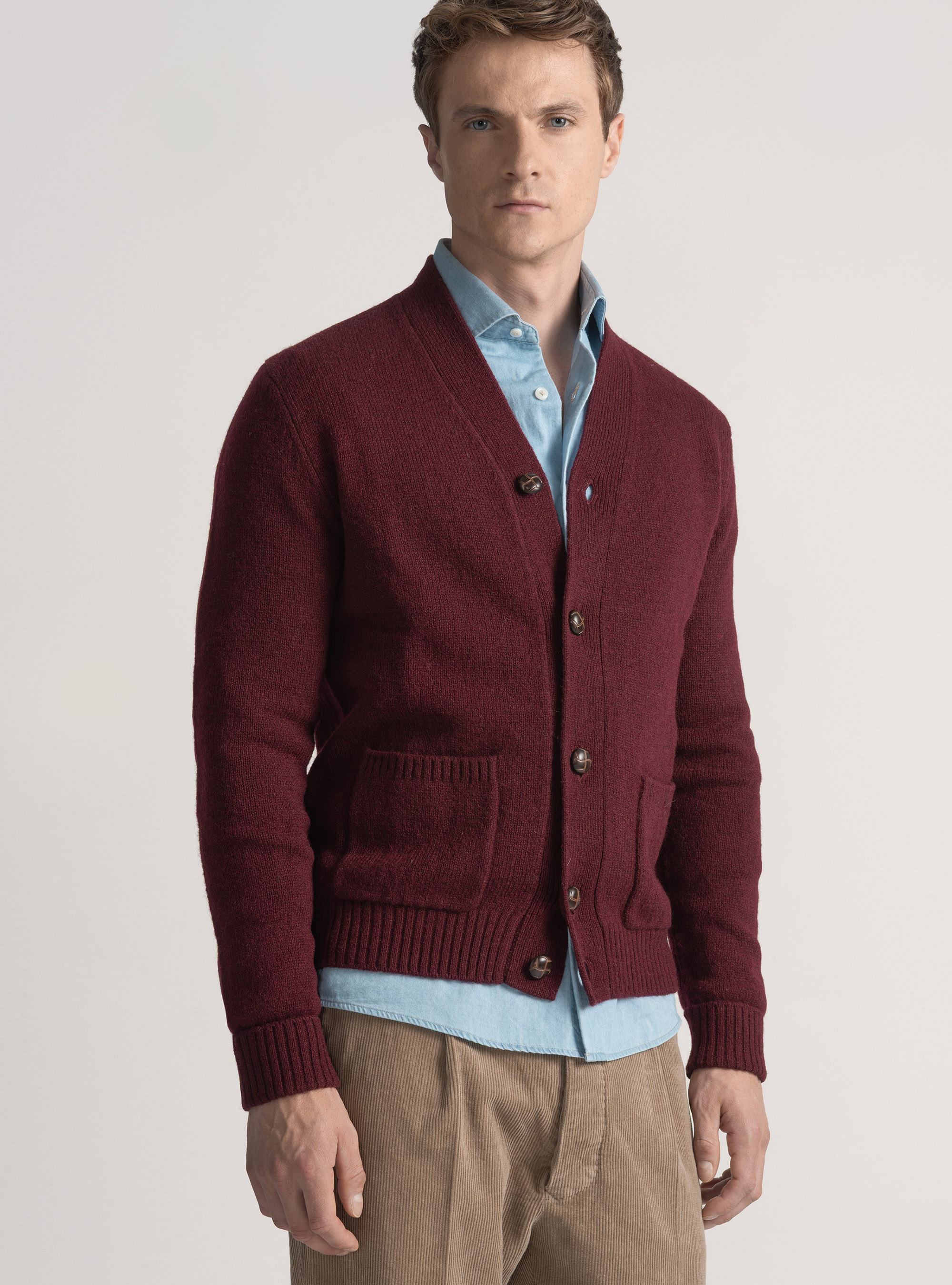 Shetland wool knit cardigan, BORDEAUX