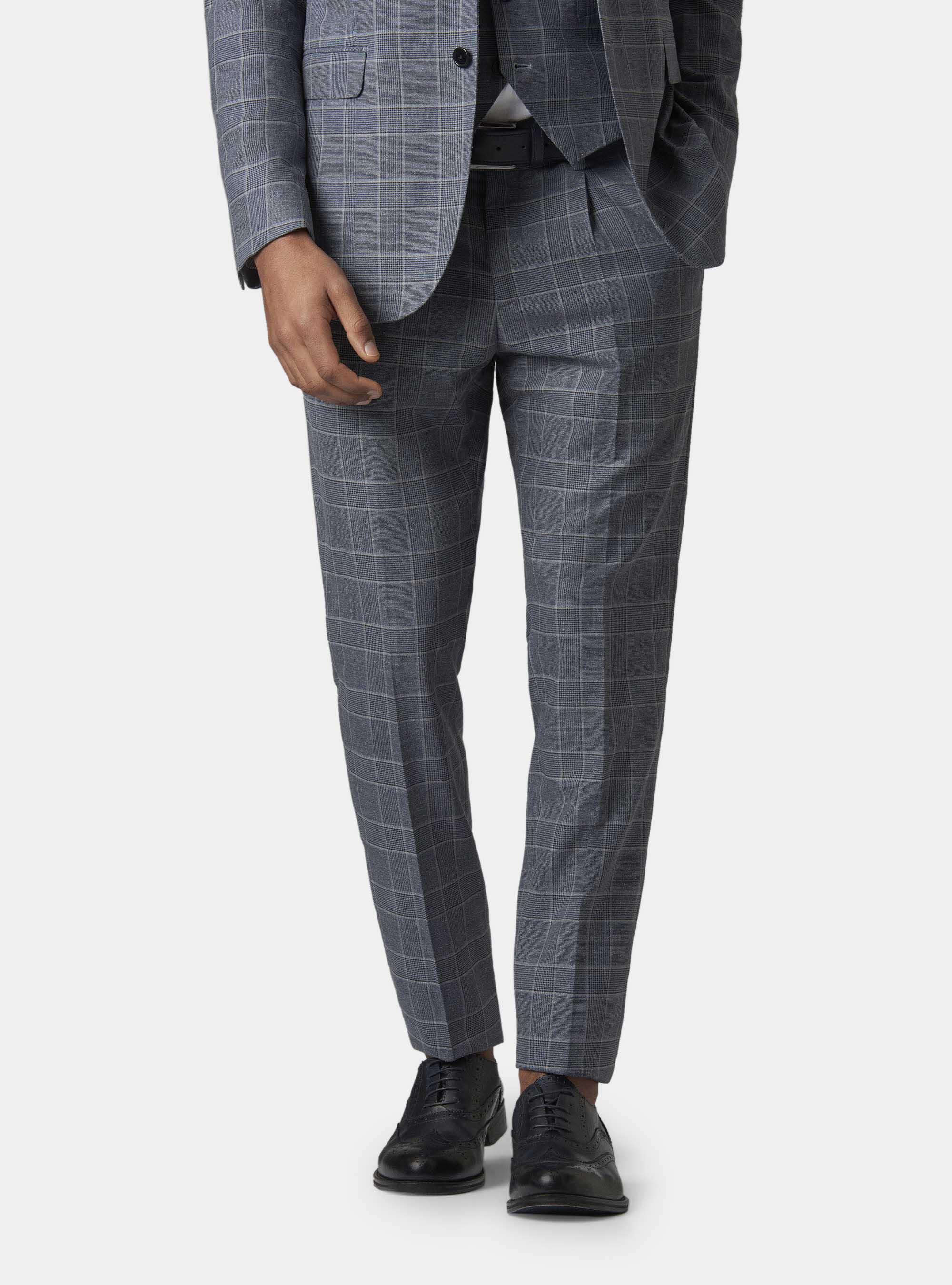 Pantaloni per abito in principe di galles lana bouclè e seta, BLU