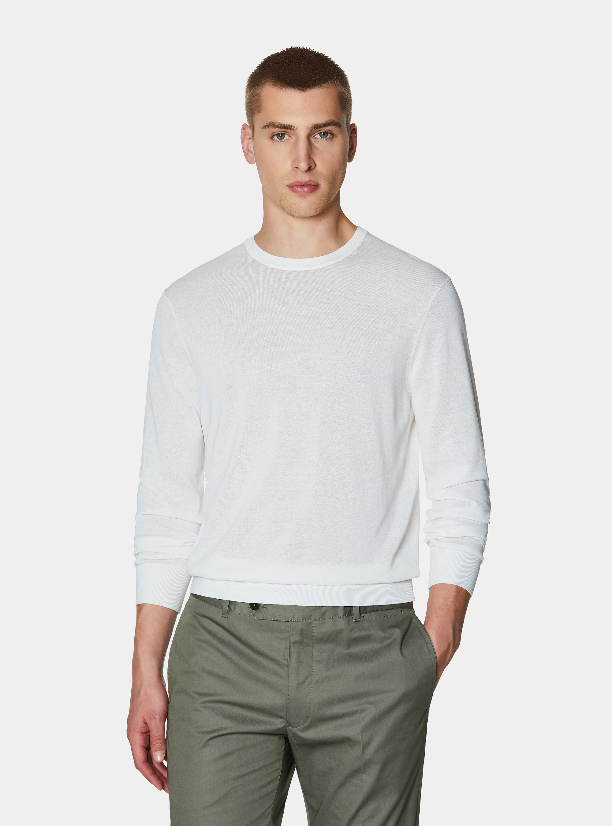 Trikot &agrave; col rond en coton et soie, BLANC